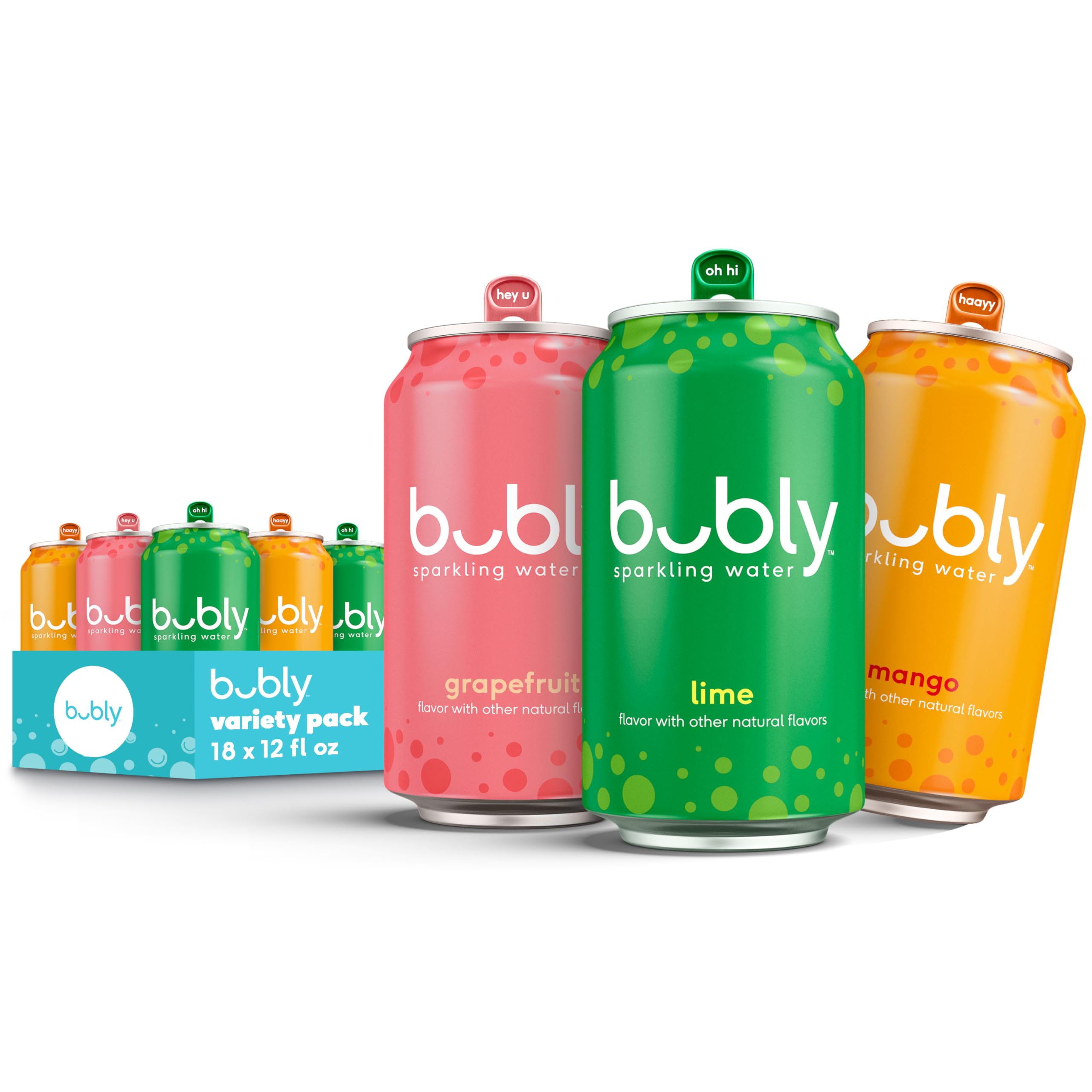 bubly Sparkling Water, Tropical Thrill 3 Flavor Variety Pack (Lime, Grapefruit, Mango), Zero Sugar & Zero Calories, Seltzer Water, 12 Fl Oz Cans (Pack of 18)