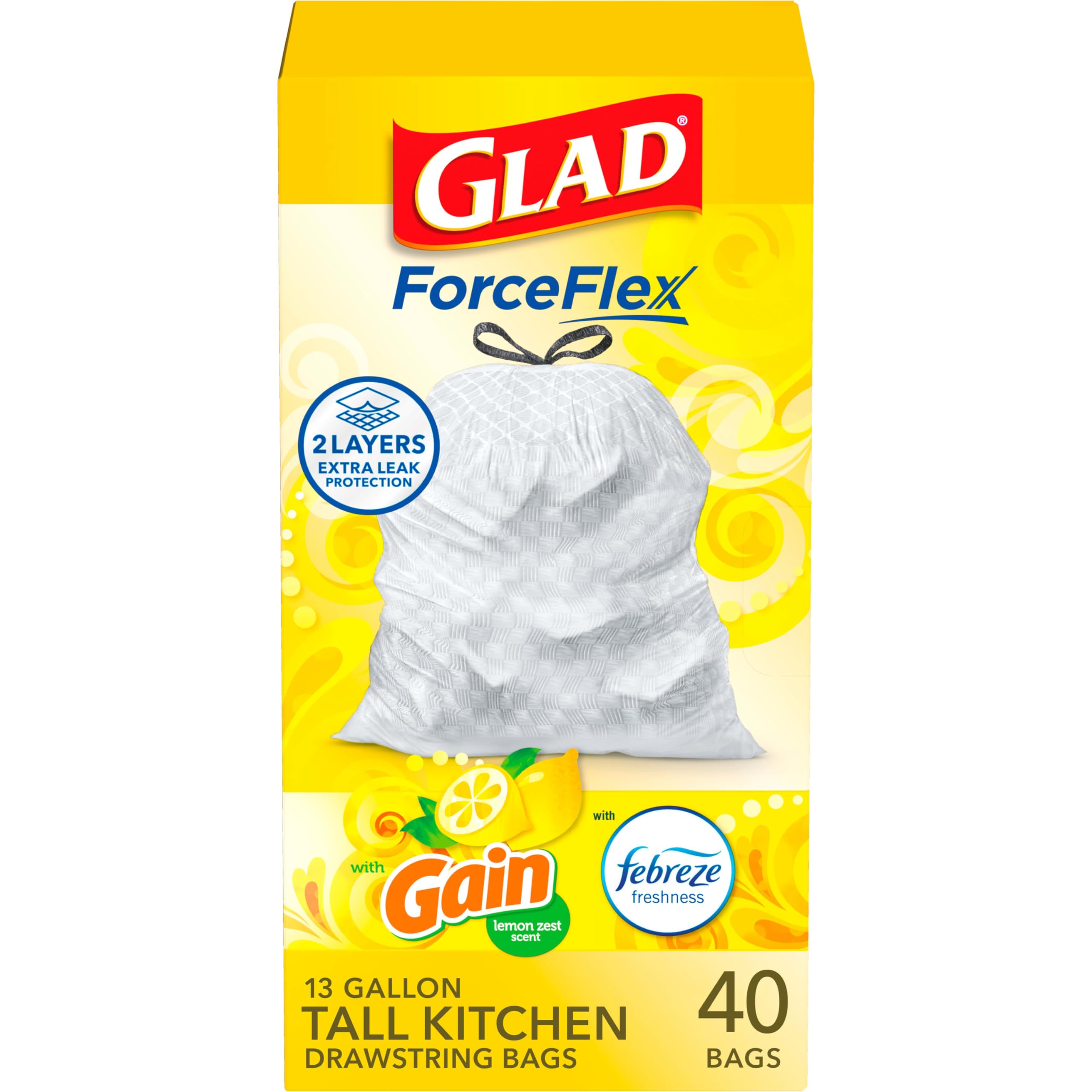 Glad Odorshield Tall Kitchen Drawstring Lemon Trash Bags, 13 Gallon, 40 Count