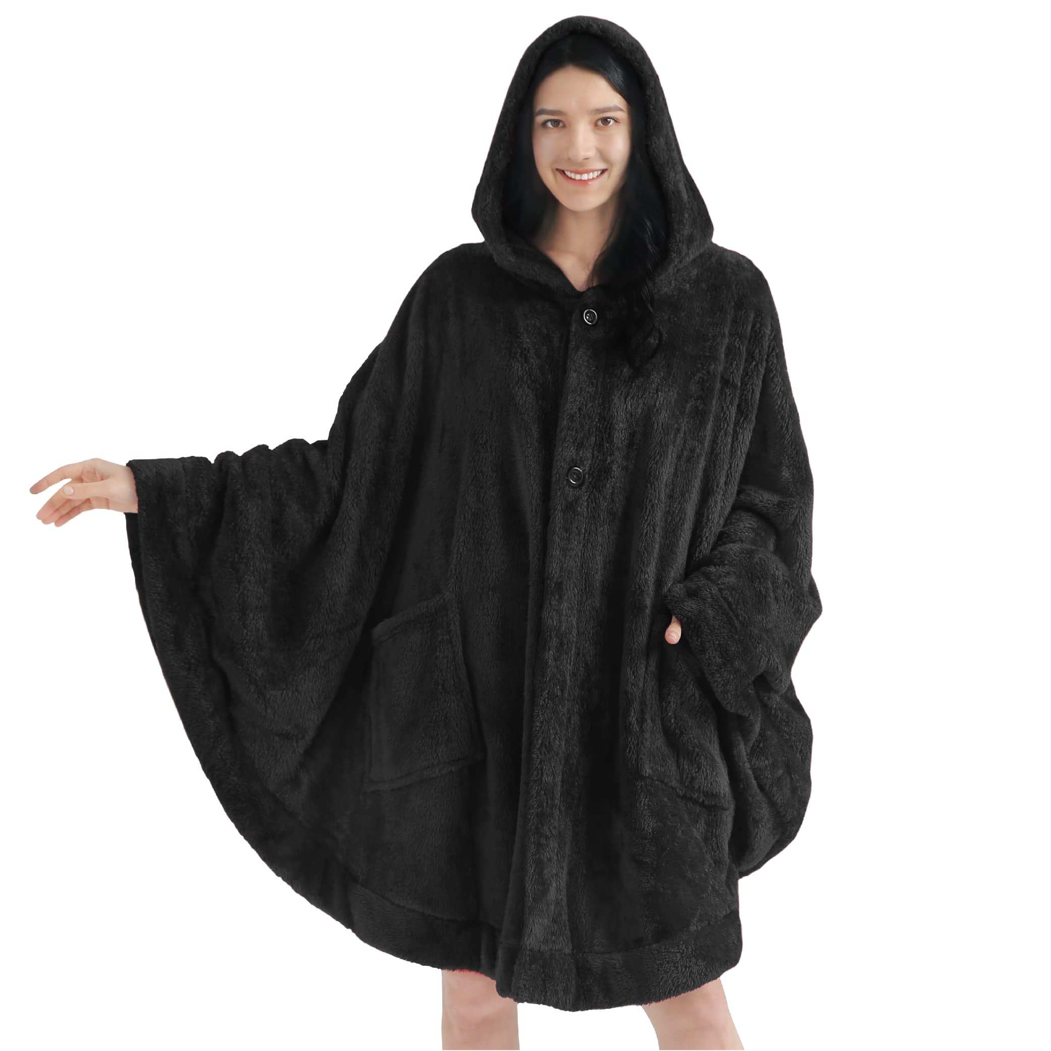 PAVILIAPAVILIA Angel Wrap Hooded Blanket Poncho, Wearable Blanket Throw Wrap Poncho for Women Adult, Cozy Fluffy Sherpa Fleece Shawl Cape with Hood pockets, Warm Gift for Mom Wife, Black