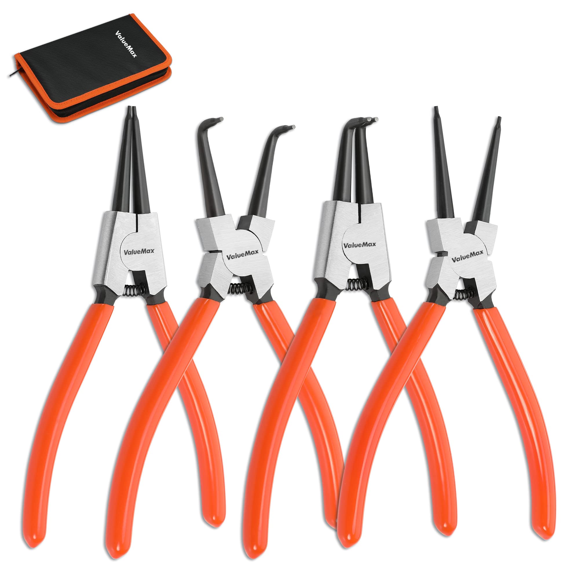 ValueMax 180mm Circlip Pliers Set, 4-Piece Internal External Snap Ring Pliers for Ring Remover Retaining, Organized in Zip Case