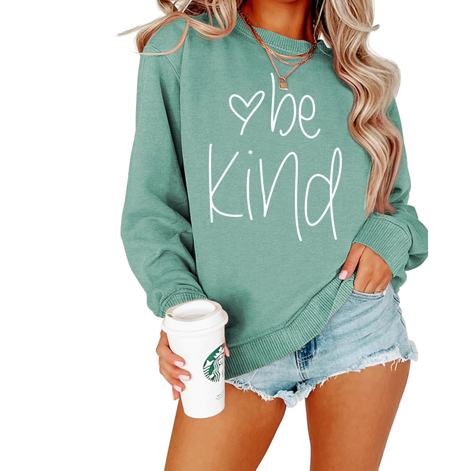 NANAKI Be Kind Letter Print Sweatshirt, Long Sleeve Crew Neck Pullover Sweatshirt, Casual Tops For Fall & Winter