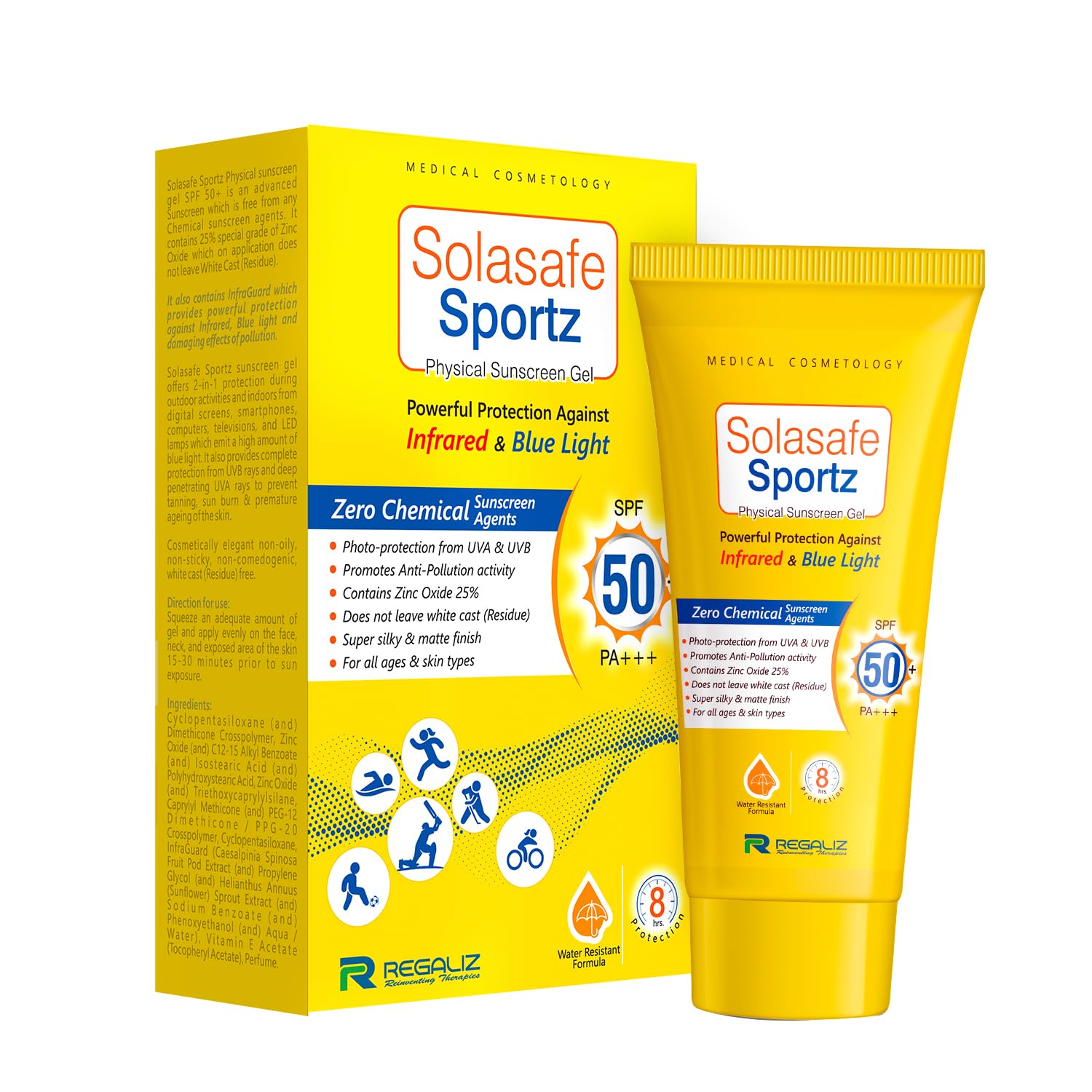 Regaliz Sunscreen For All Skin Type Sportz Physical (Zero Chemical) Sunscreen For Skin Type Gel: Advanced Spf 50+ Protection Against Uv, Blue Light And Pollution