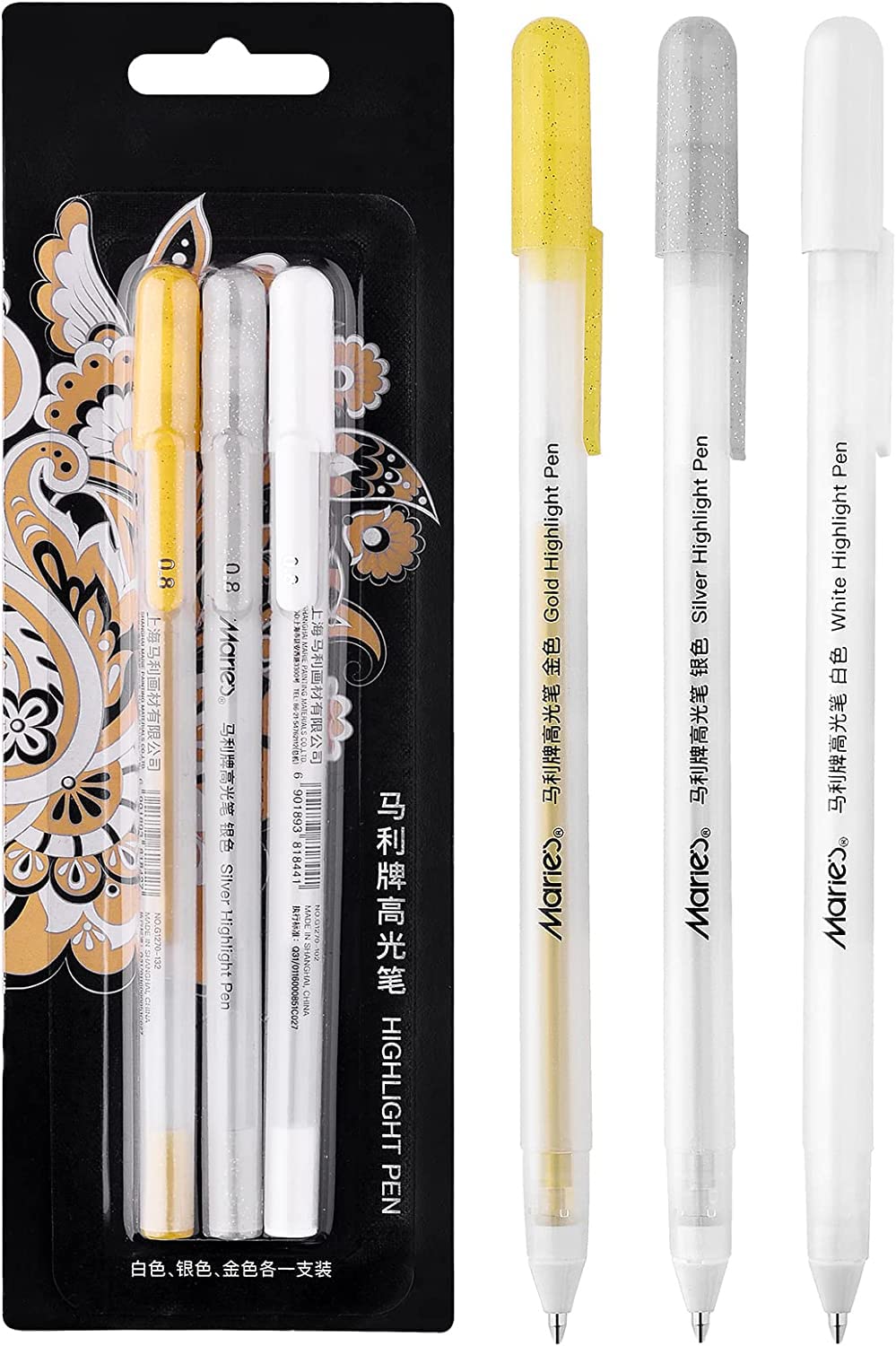 Fine Point Gel Pen, 3 Colors White, Gold, and Silver Gel Ink Pens, Archival Ink Fine Tip Sketching Pens For Illustration Design, 0.8mm Nibs, for Black Paper Drawing, Writing, Sketching, Illustration