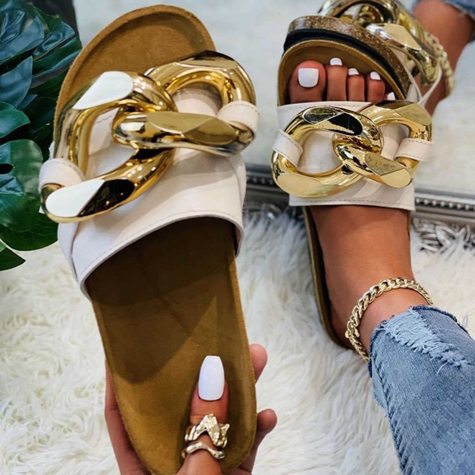 NA 2022 New Large Size Open-Toe one-line Fashion Sandals Metal Chain Flat Slippers Outdoor Sandals