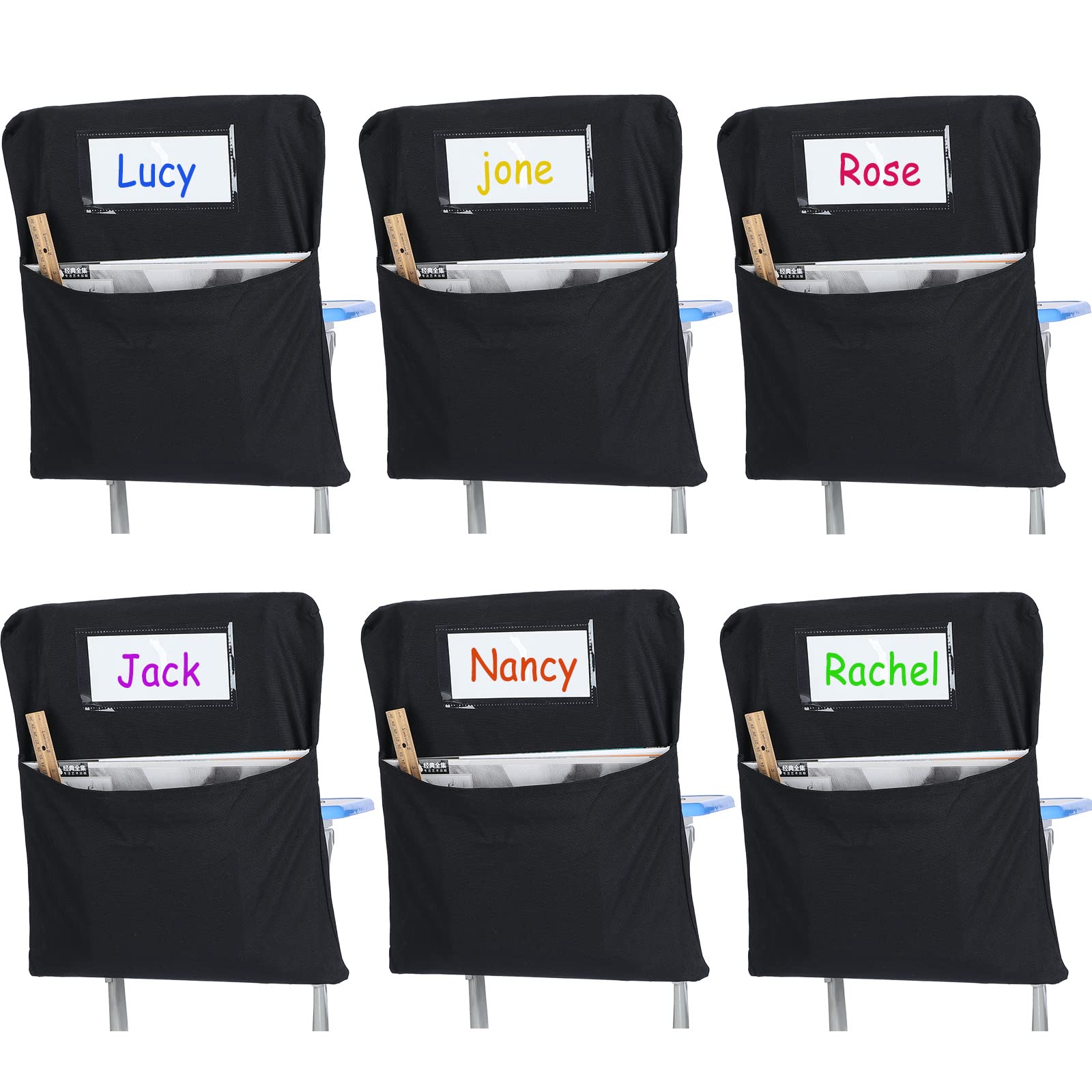 Maitys 6 Pack Large 17 Inches Chairback Pocket Chart Student Chair Pockets Chair Back Classroom Organizer with Name Tag for Keeping Kids Student Book School Table Desk Organized (Black)