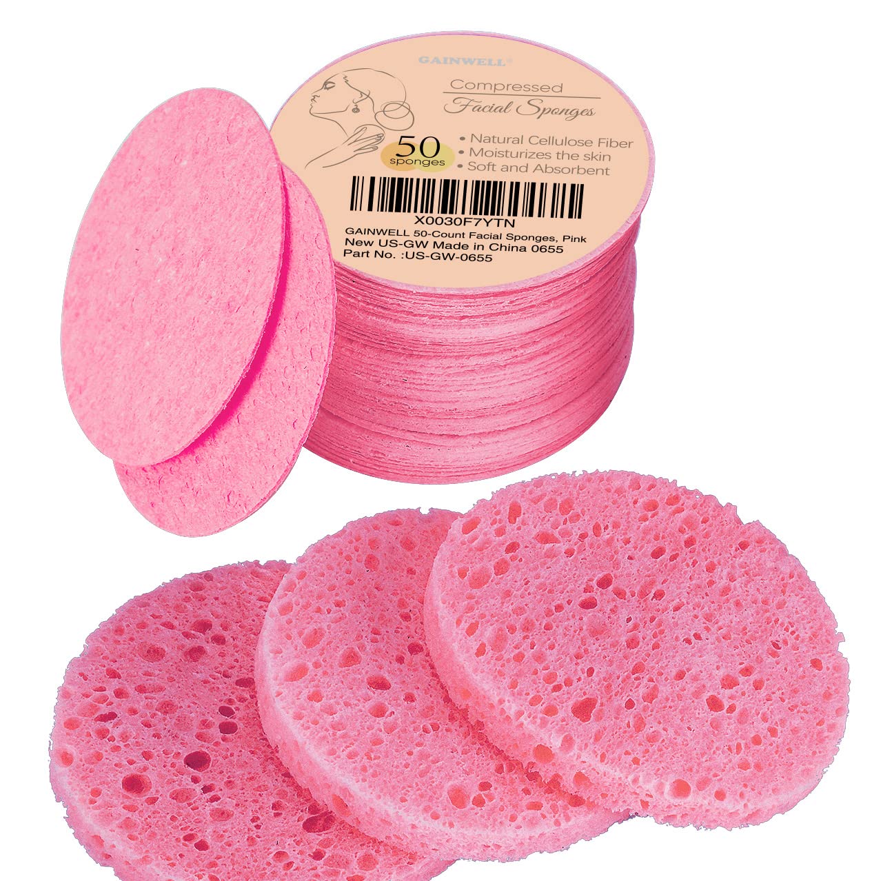 50-Count Compressed Facial Sponges for Daily Facial Cleansing and Exfoliating, 100％ Natural Cosmetic Spa Sponges for Makeup Remover, Reusable, Pink