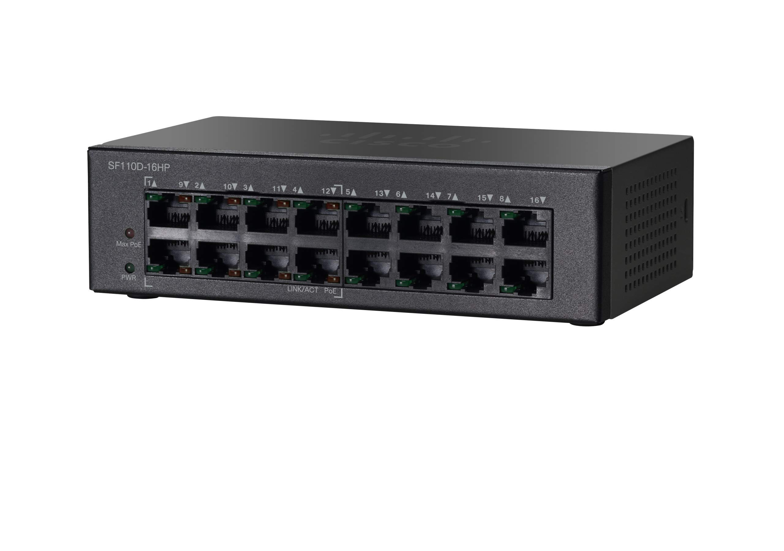 CiscoSF110D-16HP 16-port Switch (PoE, RJ45 Interface, Black, For Desktop Use), 240V, 2 Year Warranty