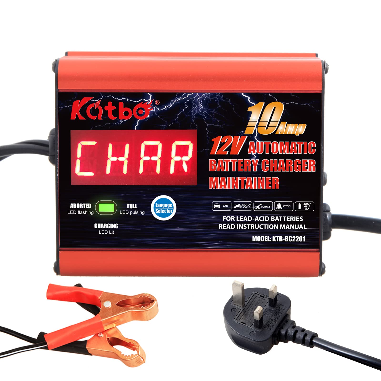 battery charger 12V 10A 24V 5A Automatic car battery maintainer Real-time Battery Monitoring for lead-acid, AGM, GEL, STD (12V 10Amp)