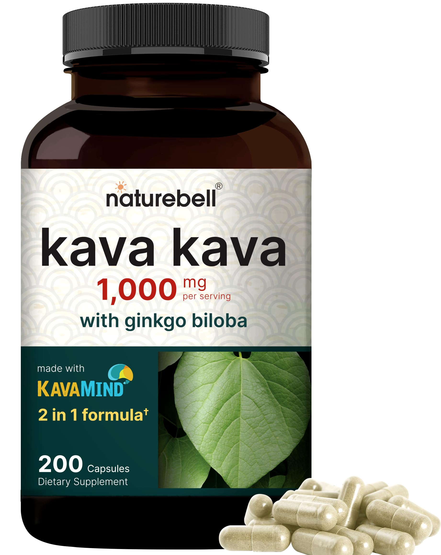 NatureBell Kava Kava Capsules 1000mg with Ginkgo Biloba, 200 Count | Noble Kava Root Extract with Active Kavalactones – Herbal KavaMind Relaxation Complex – Plant Based, Non-GMO