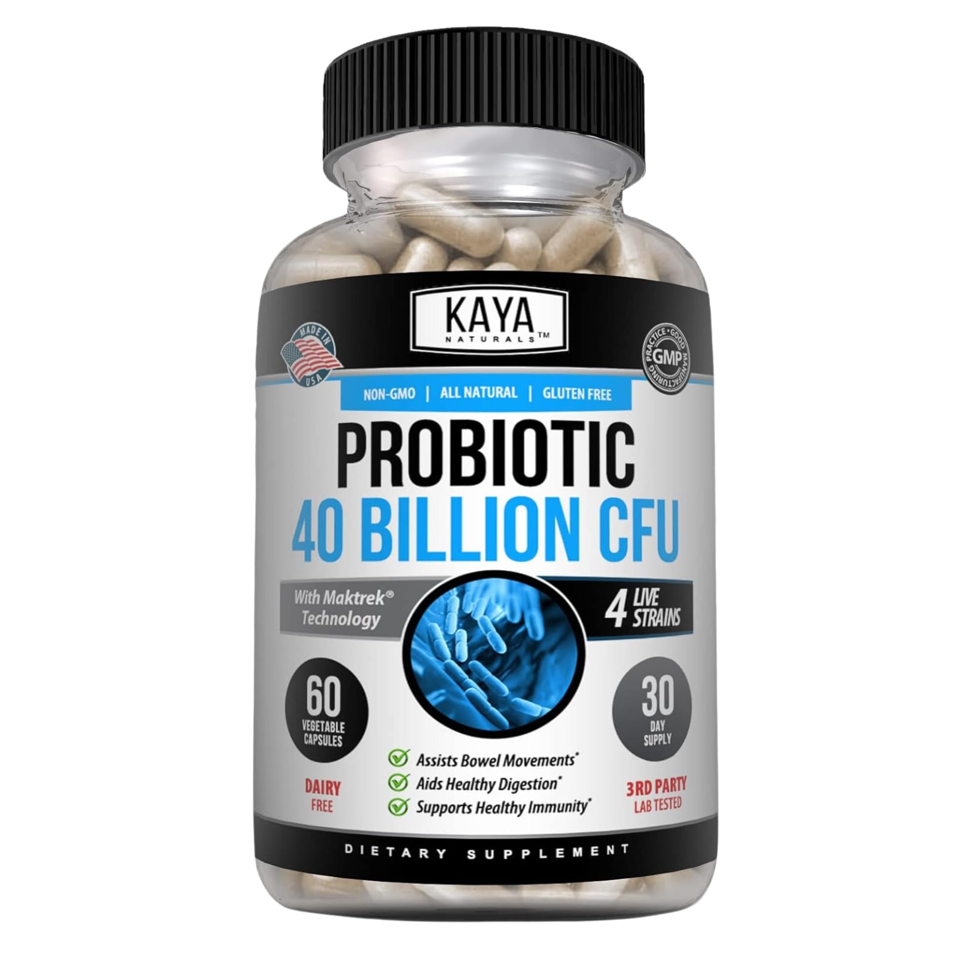 Kaya NaturalsProbiotic 40 Billion CFU | Probiotics for Women, Probiotics for Men and Adults, Natural | Gut Health & Immune Support Supplement | Provides Digestive Support | 60 Vegetable Capsules