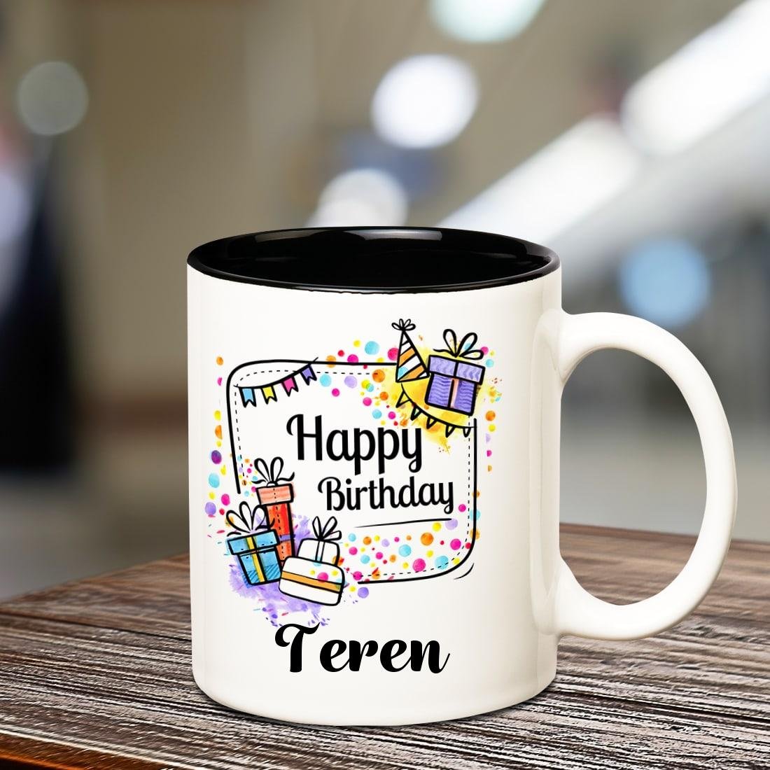 Huppme Happy Birthday Teren Inner Black Ceramic Coffee Mug, 350 ml, 1-Piece, Multi-Color