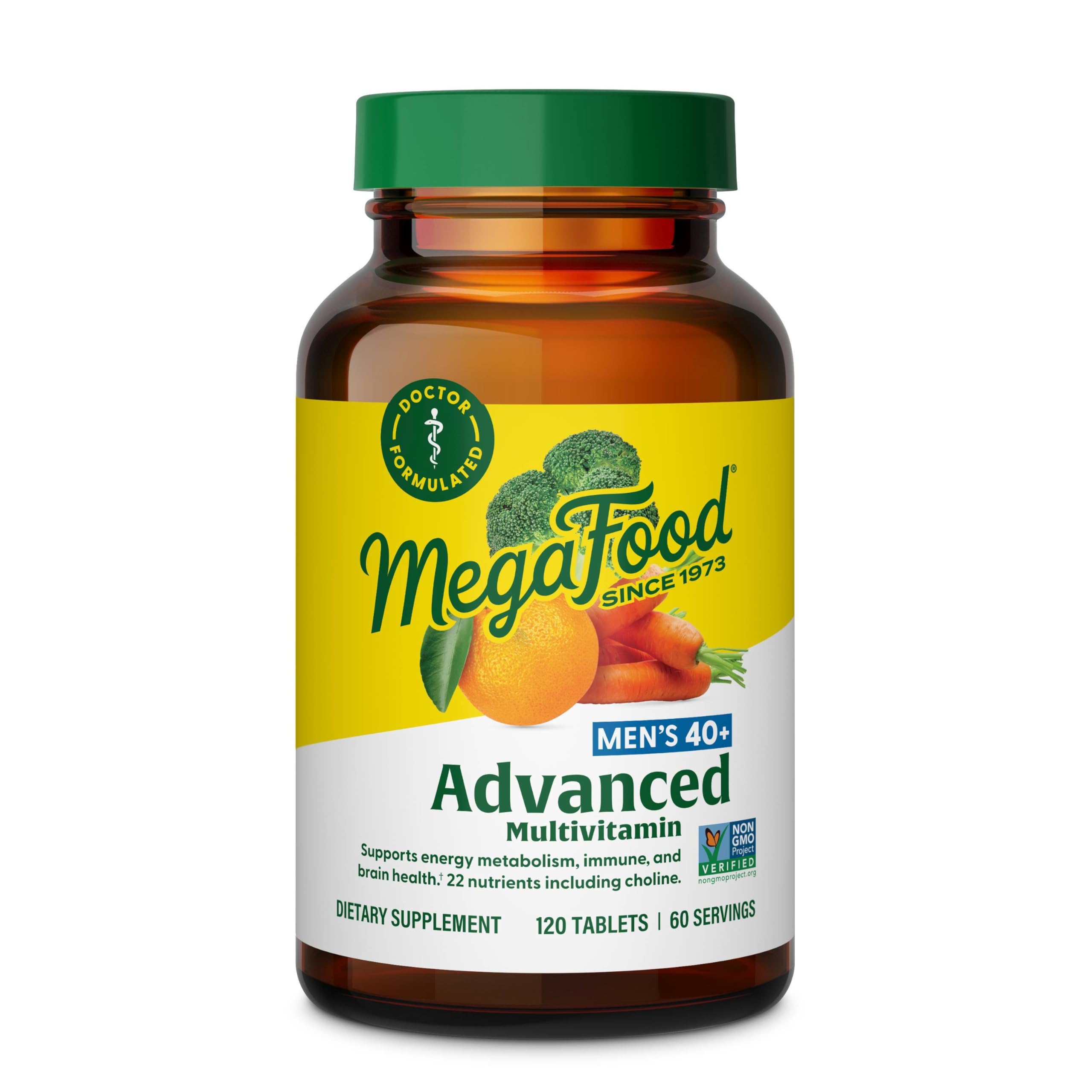 MegaFood Men's 40+ Advanced Multivitamin for Men - Dr-Formulated - Choline, Vitamin B, Vitamin C, Vitamin D, Zinc & Real Food - Brain Health, Immune Support - Vegetarian - 120 Tabs (60 Servings)