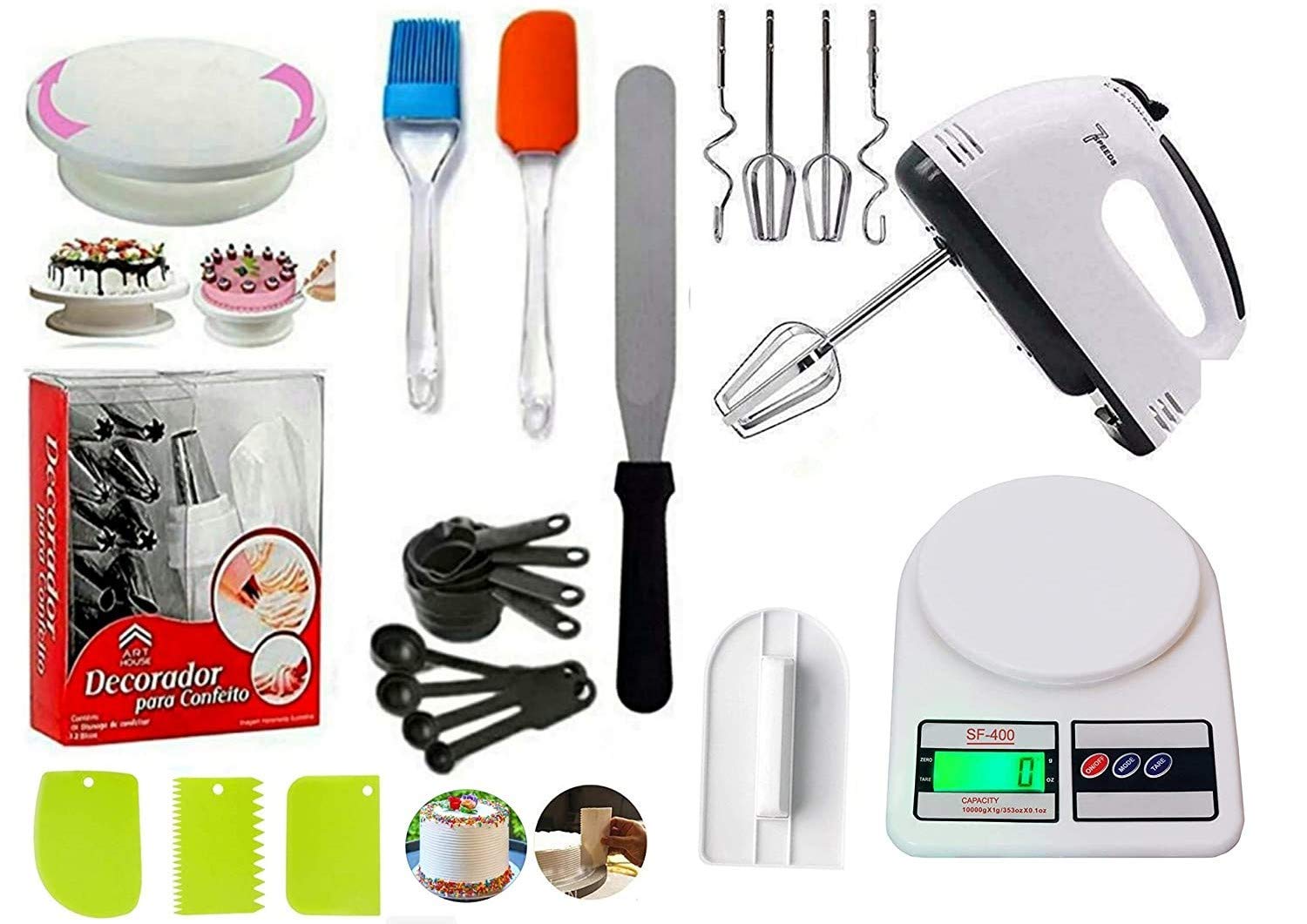 A deal Cake Decorating Turntable, Electronic Beater, Smoother, Weight Machine, 12 pcs Cake Decorating Nozzle Set, 8 Measuring cupss, Silicon Brush Spatula, Palette Knife, scrapers (Kamaal ka Combo)