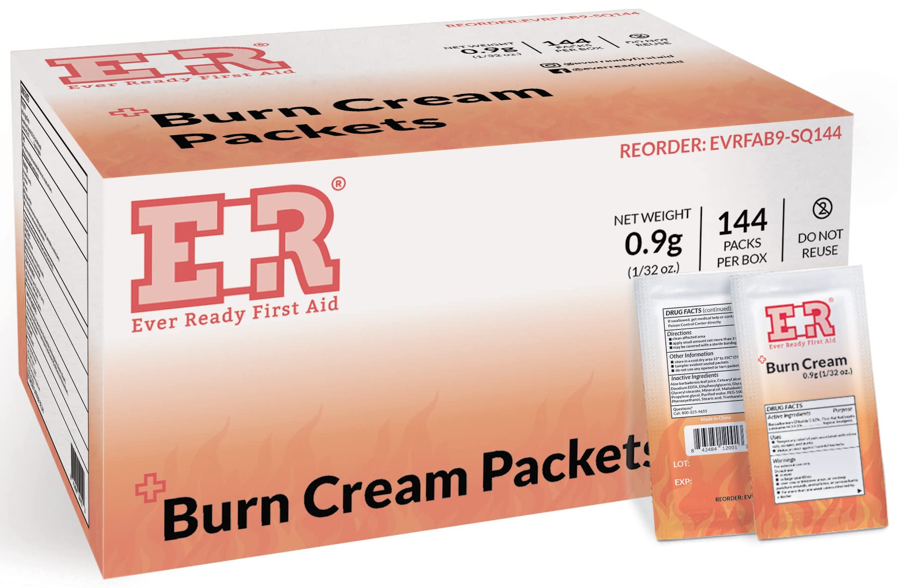 Ever Ready First Aid Burn Relief Cream, Box of 144 Packets containing 0.9g Each, with Lidocaine and Benzalkonium Chloride, Designed for Treating Burns at Home or Medical Skincare situations