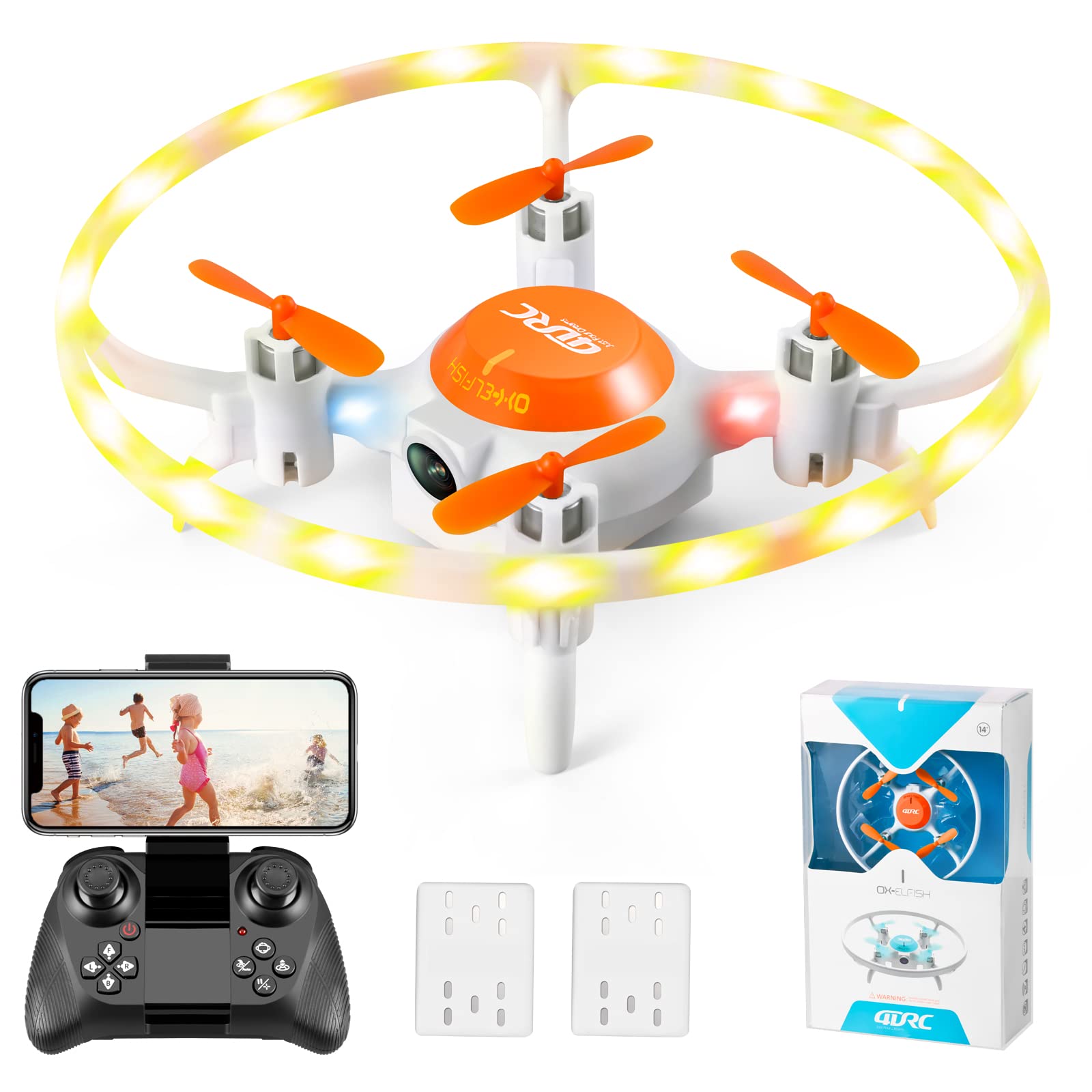 4DV5 Mini Drone for Kids with 720P Camera,FPV Live Video,LED Lights RC Quadcopter for Beginners,Boys and Girls Toys Gifts, Waypoints, Altitude Hold, Circle Fly,3D Flips,2 Battery,Orange