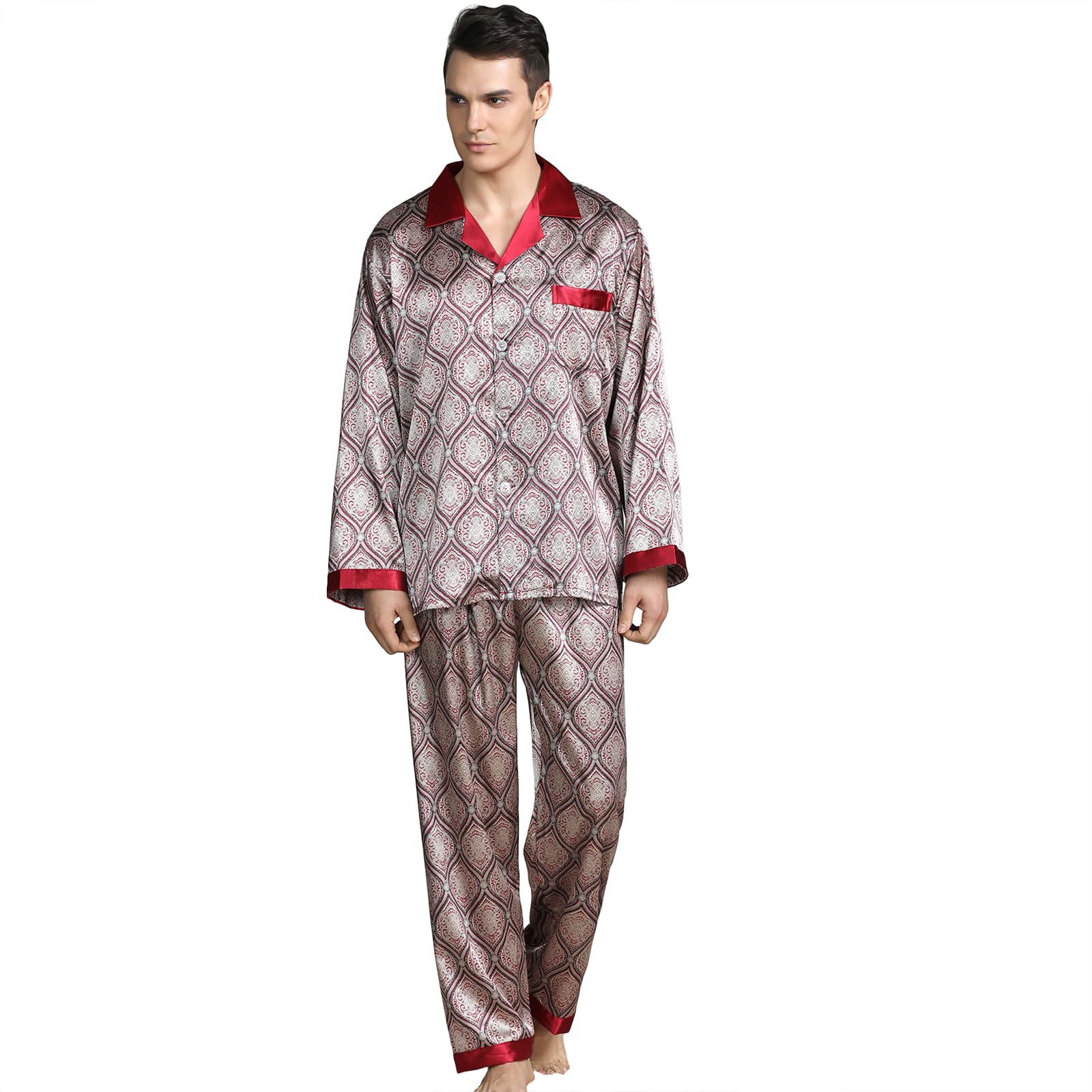 HaseilMen's Satin Pajama Set Silk Long Sleeve Sleepwear 2 Piece Silky Pjs Button Down Loungewear Set