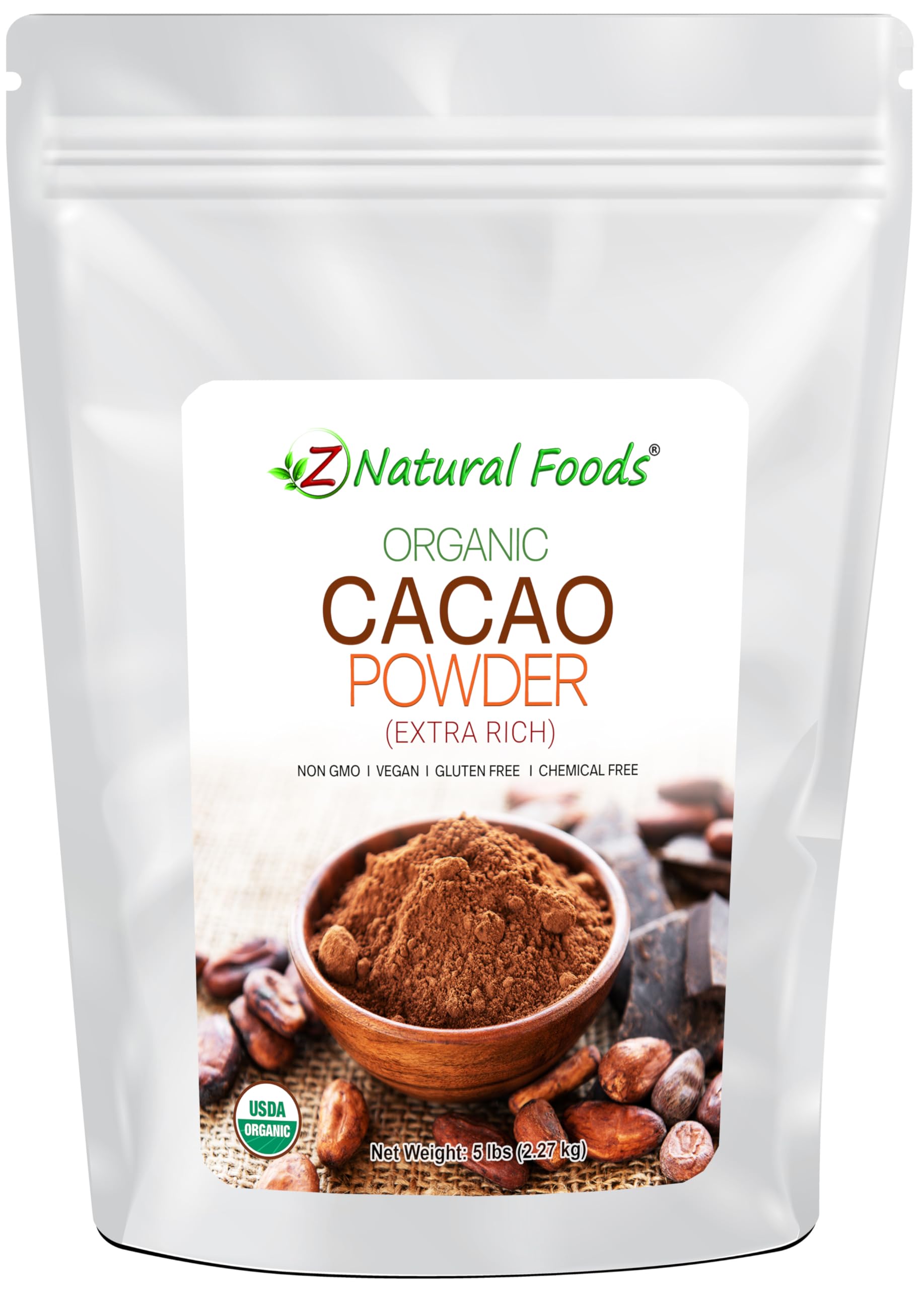 Z Natural Foods Organic Cacao Powder - Unsweetened Nutrient-Dense Superfood for Healthy Aging - Extra-Rich Dark Chocolate Flavor Perfect for Chocolate Recipes, Shakes or Smoothies, 5 lbs