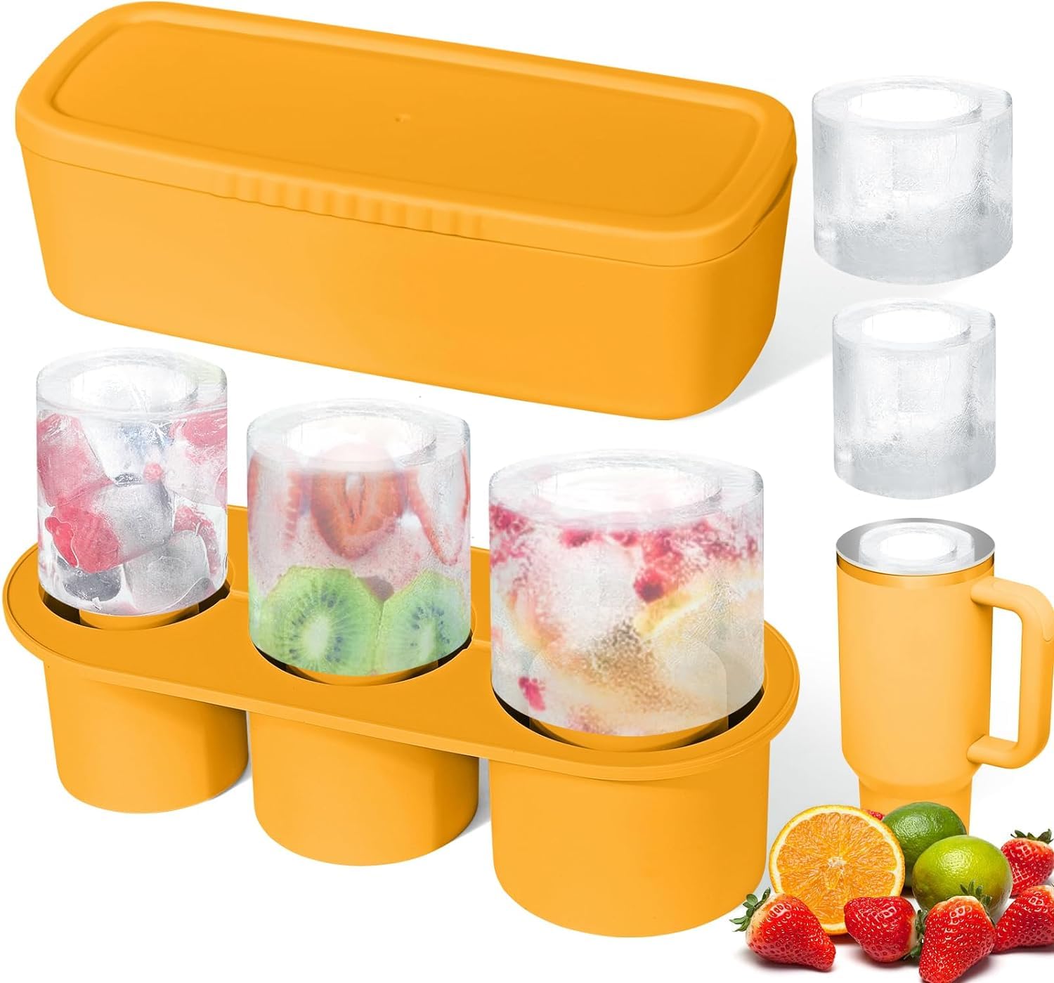 Ice Cube Tray for Stanley Cups, Stanley Ice Mold Compatible with Lid and Bin for 300z-400z Tumbler, 3 Sizes Stanley Cup Ice Mold for Chilling Drinks, Whiskey, Cocktails, Coffee, Juice (Yellow)