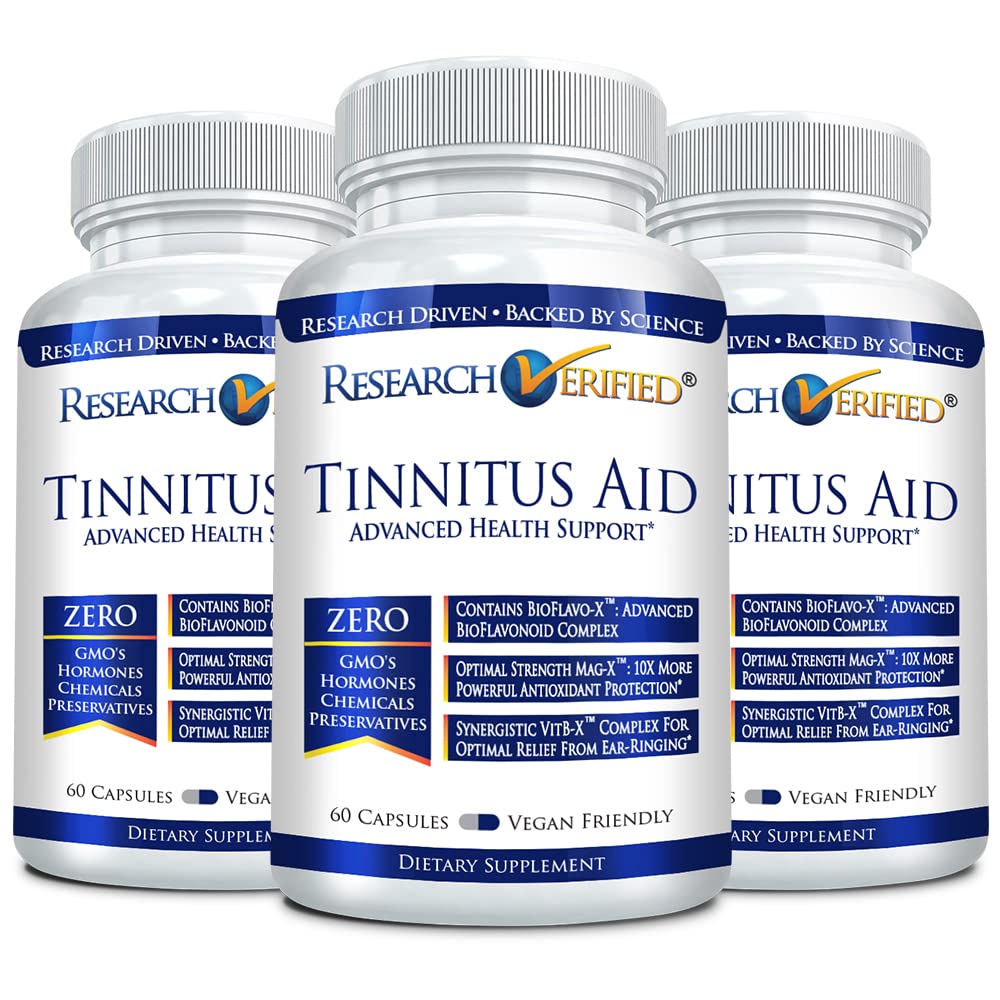 Research VerifiedTinnitus Aid - Lessen Internal Ringing - Ginkgo Biloba, Vitamin C, Full Spectrum B Complex Blend, Magnesium - 3 Month Supply - Vegan - Made in The USA