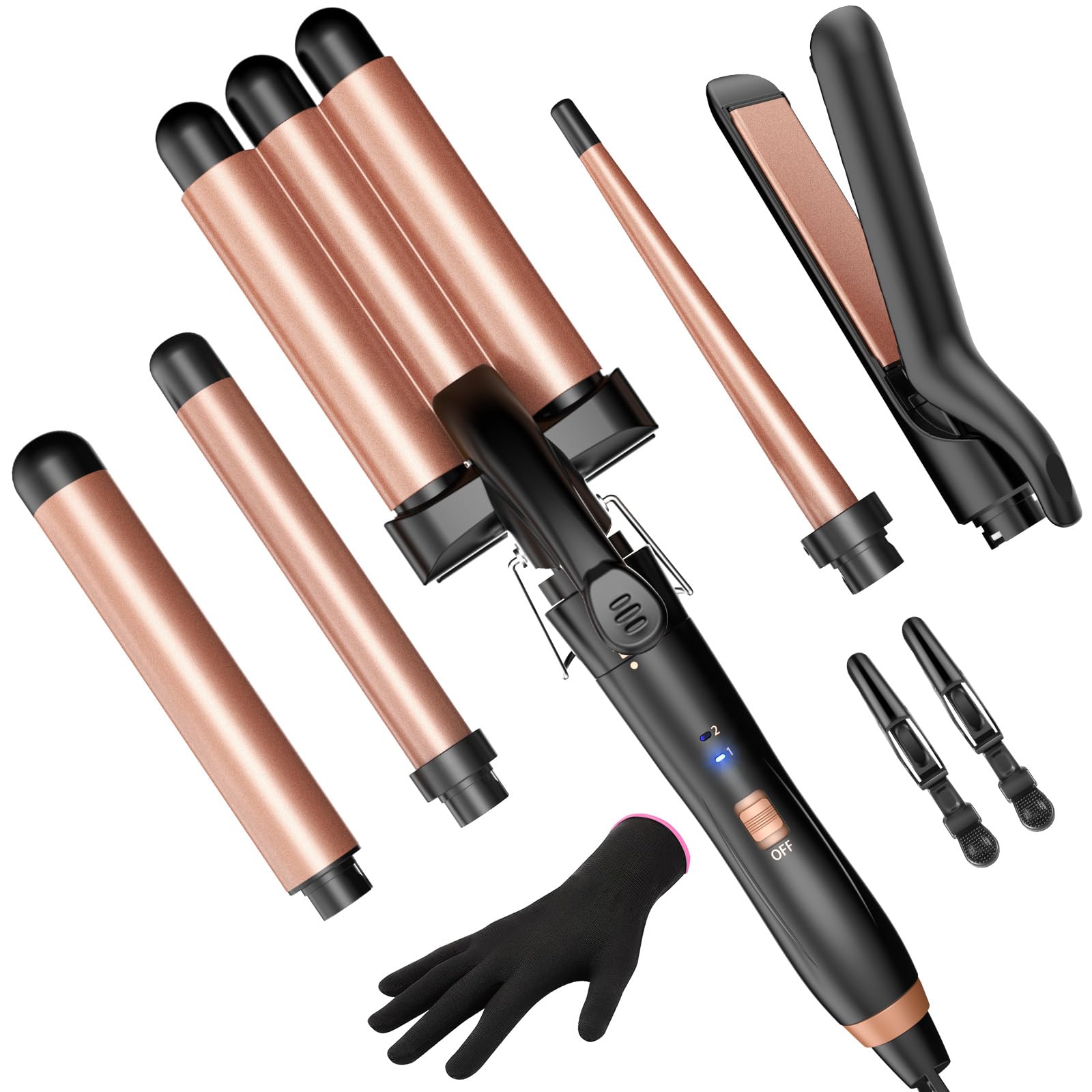 5 in 1 Wand Curling Iron-Kinked Curling Wand Set with Flat Iron Hair Straightener, 3 Barrels Hair Crimper, 3 Ceramic Curling Irons (0.35"-1.25"), 2 Temps Fast Heat Hair Waver Curler with Glove & Clip