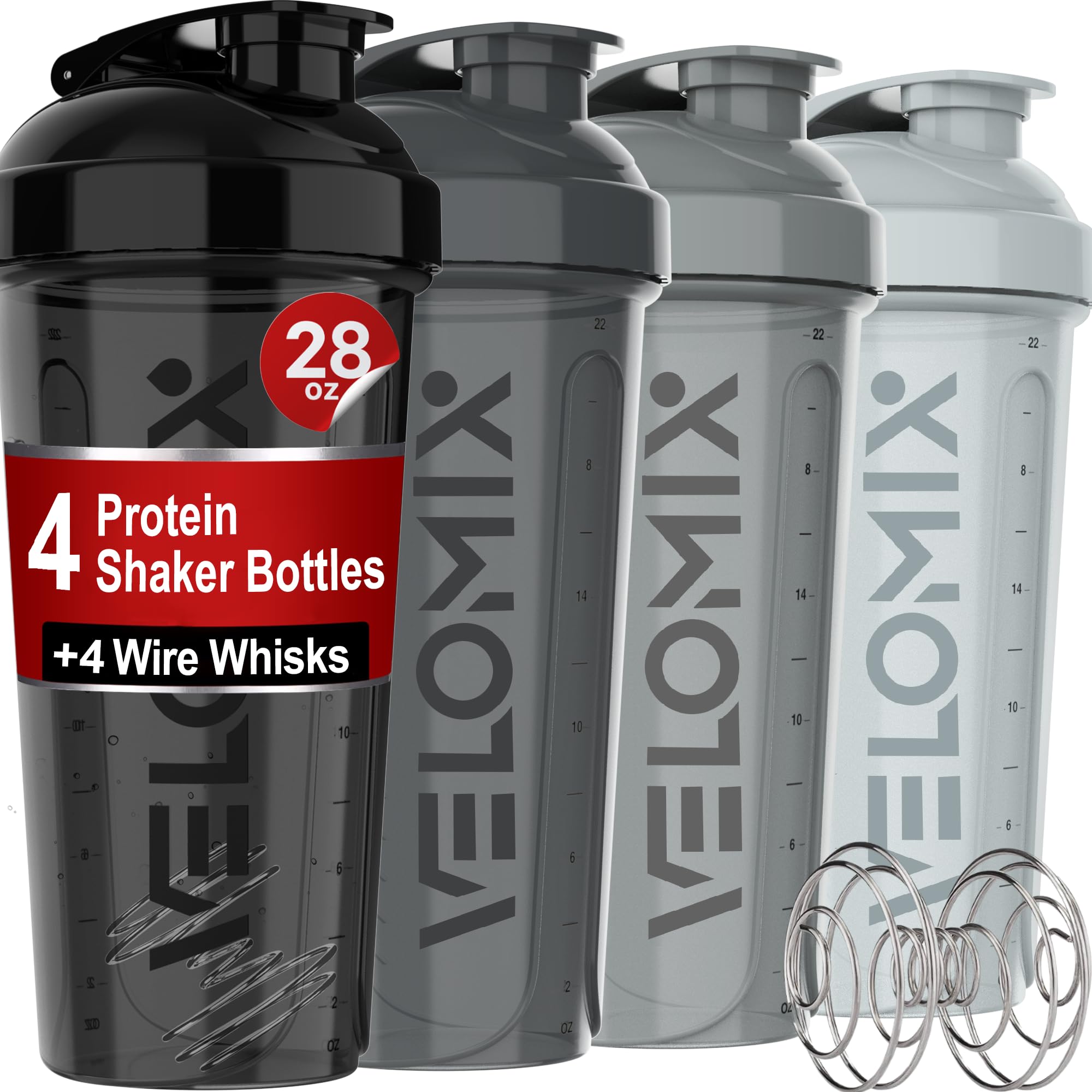 4 PACK- 28 oz Protein Shaker Bottle for Protein Mixes - 4x Wire Whisk | Leak Proof Shaker Cups for Protein Shakes | Protein Shaker Bottle Pack | Protein Shake Cup