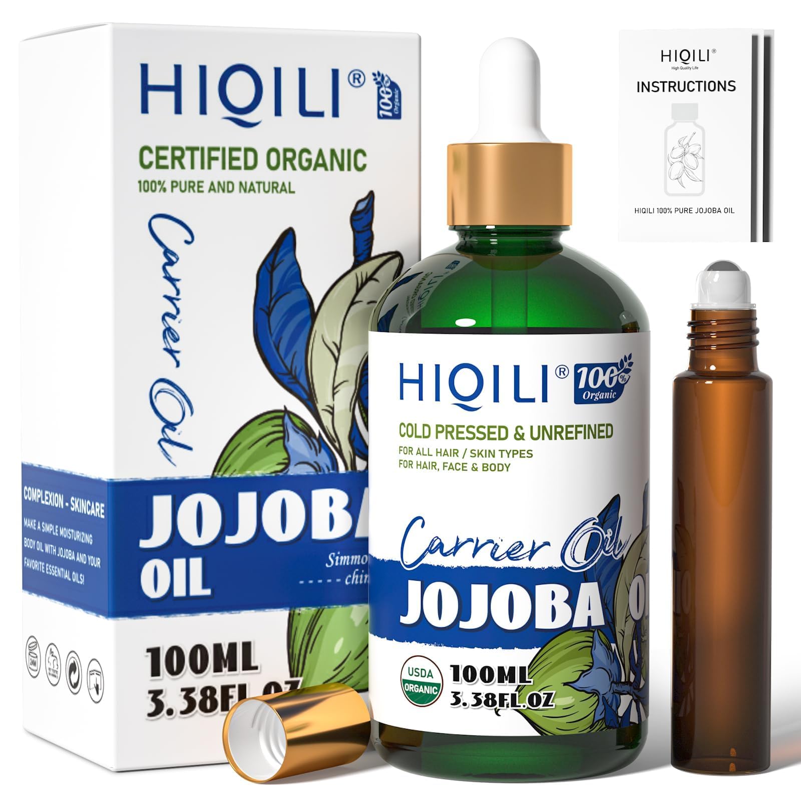 HIQILI Jojoba Oil, Cold Pressed Unrefined Jojoba Carrier Oil Fitting for Skin, Hair Growth, Nails, Massage, Body Care -3.38 Fl Oz