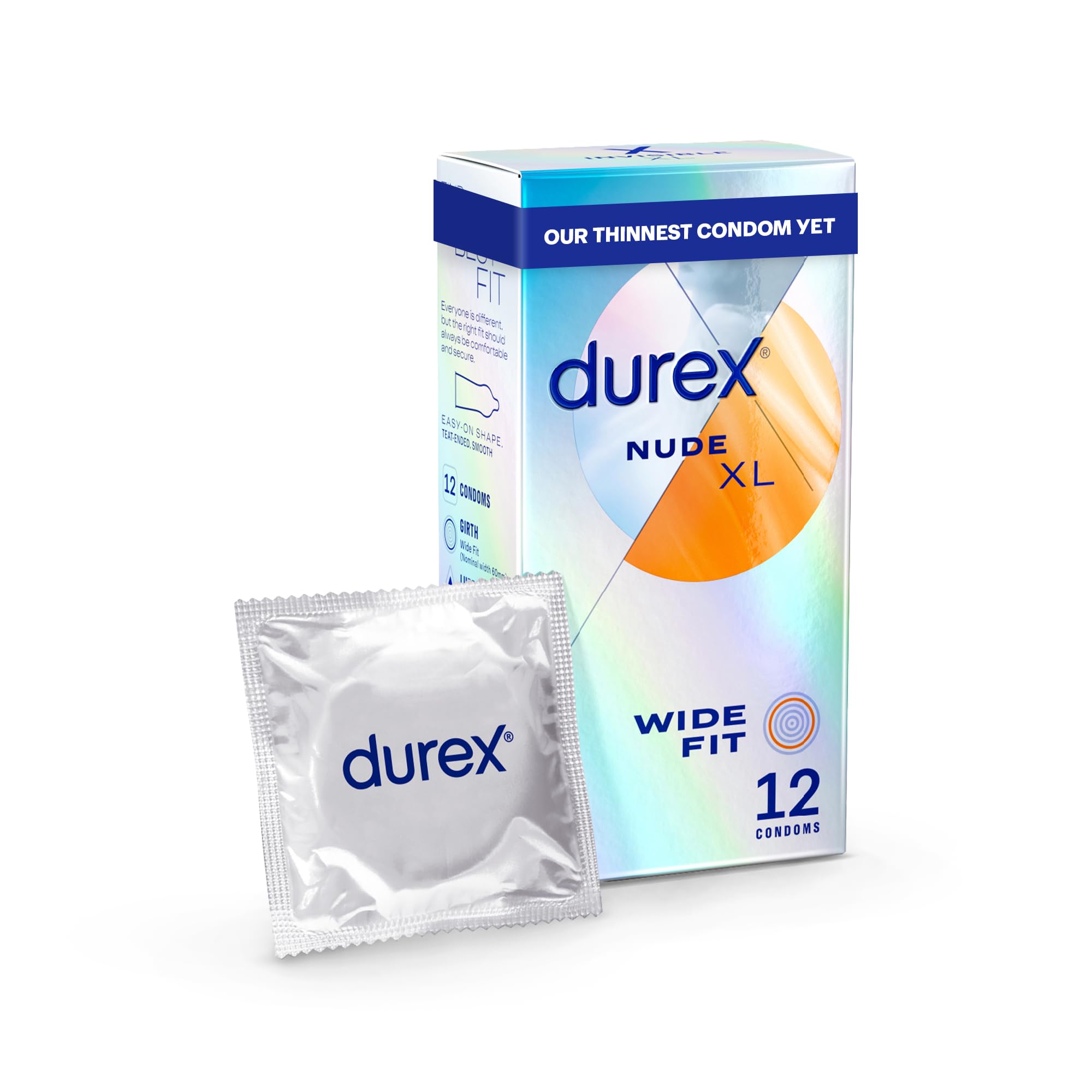 Durex Nude, Condoms, Wide Fit, 12s, Ultra Thin, Designed To Feel It All, With Silicone Lube