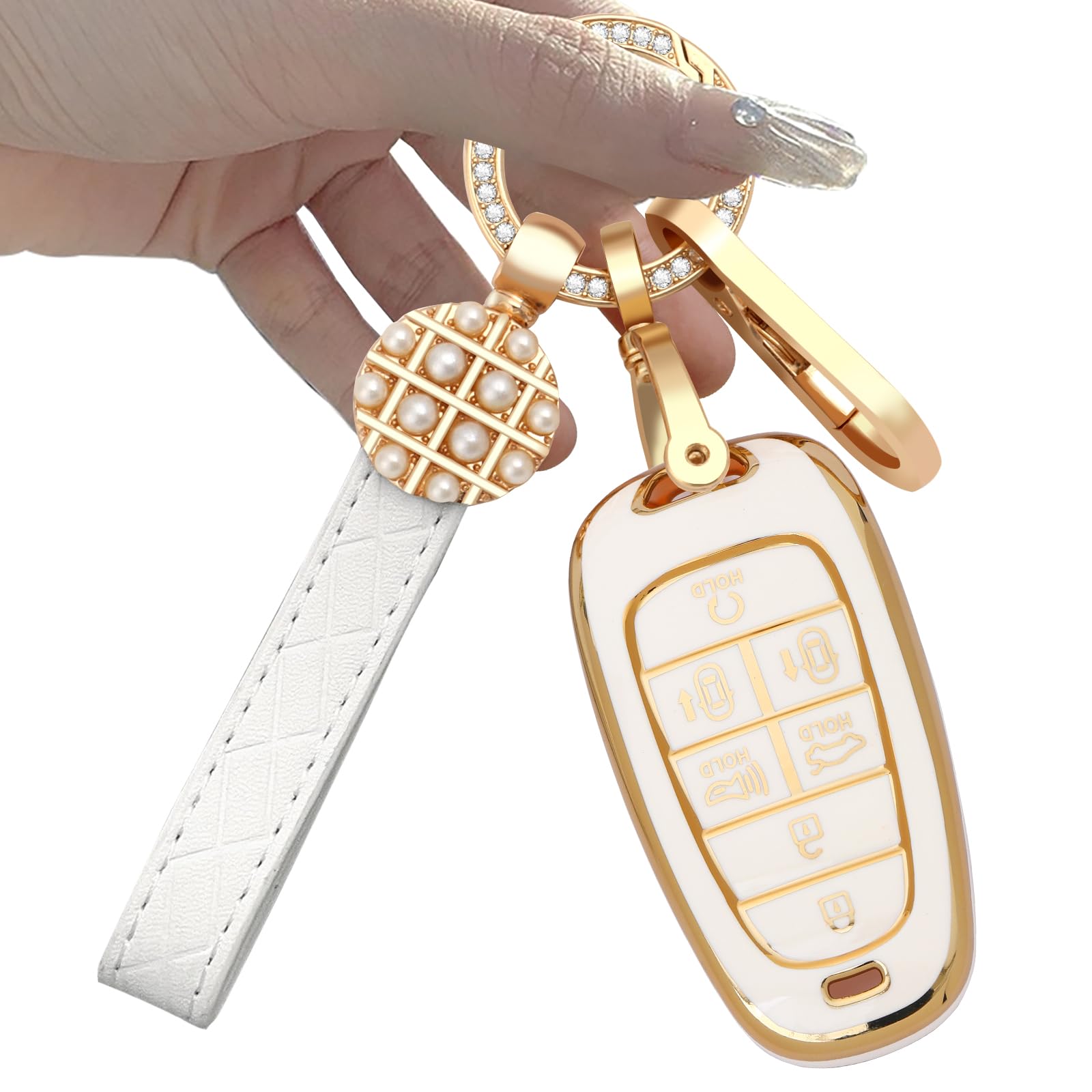 for Hyundai Key fob Cover Two different materials keychain Multi-style matching for Hyundai Sonata Sanata Fe Tucson Palisade (for Hyundai C, Gold White)