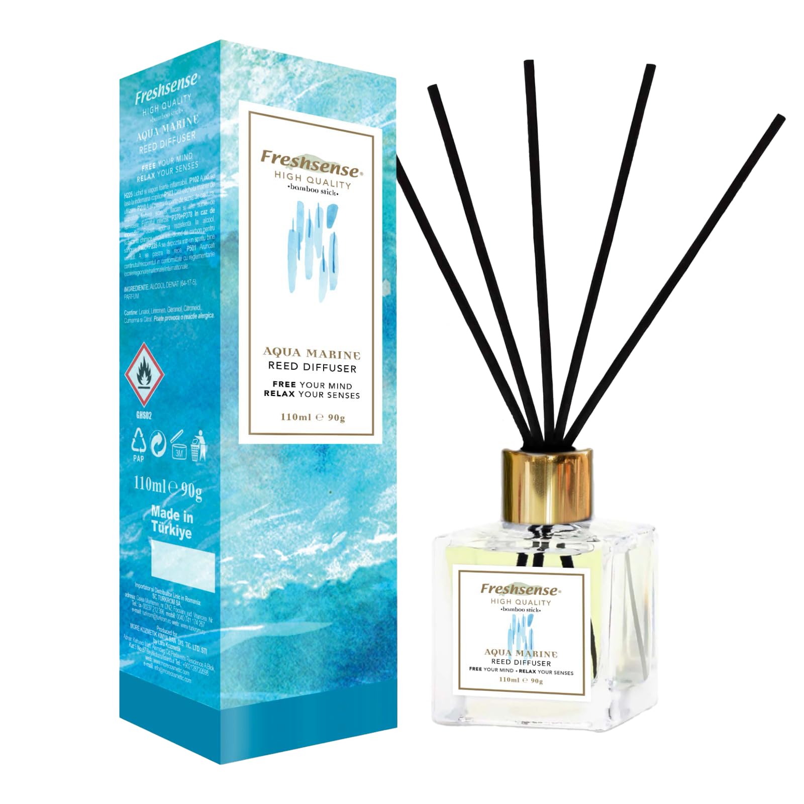 Air Freshener for Home Aromatherapy Reed Diffuser Luxurious Home Decor & Room Decor Design Essential Oil Diffuser AQUA MARINE Fresh Sense 110ml Diffuser Ideal for Living Room Office Toilet Bathroom