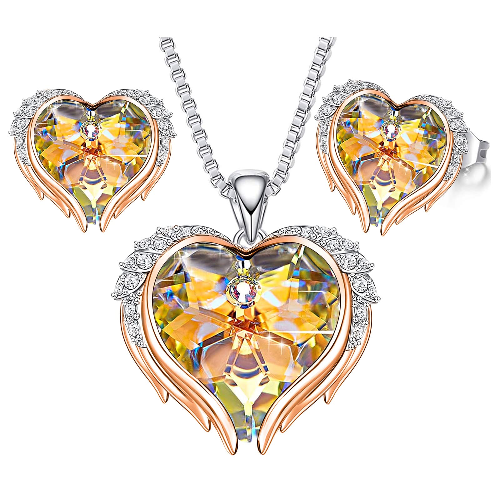 MINCHEDA Angel Wings Love Heart Necklaces and Earrings Silver / Gold Jewellery Sets Birthday / Anniversary Christmas Gifts Jewellery