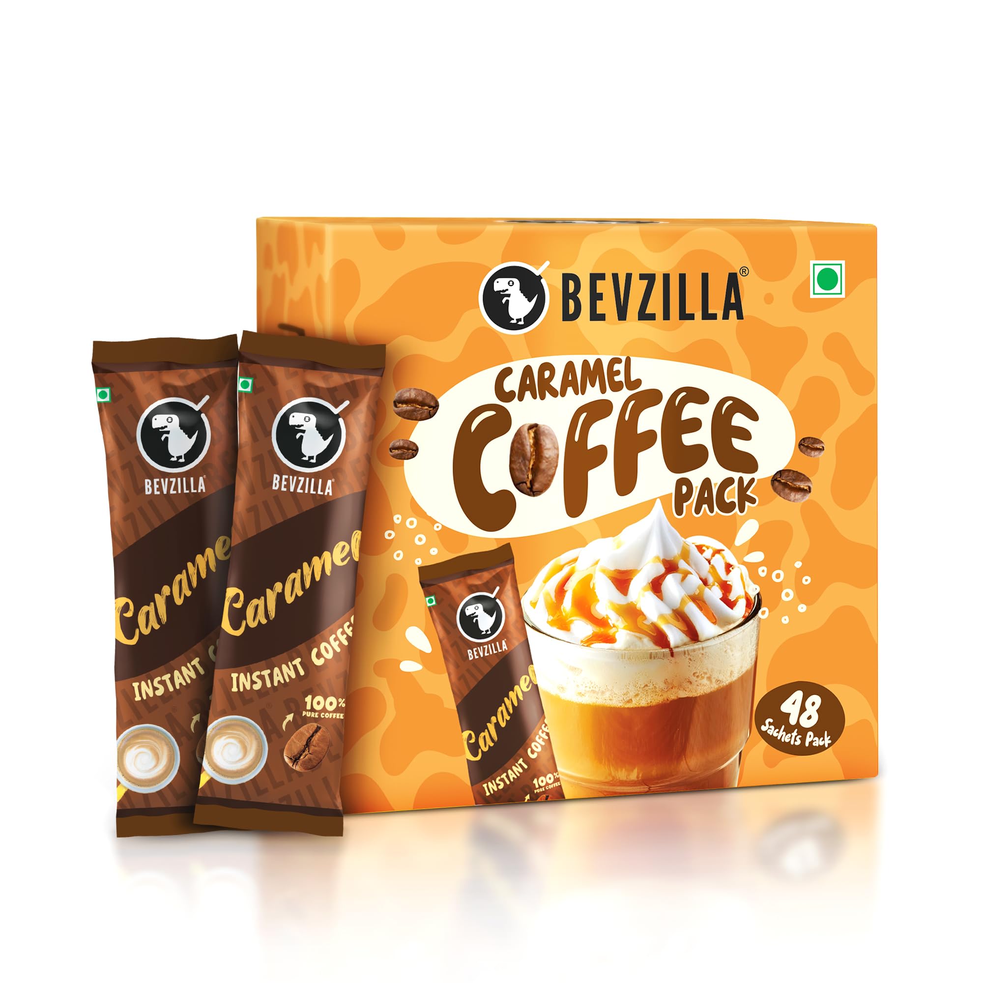 Bevzilla 48 Instant Coffee Powder Sachets (Caramel) - 96 Grams| Hot & Cold Coffee| Makes 48 Cups| 100% Arabica Coffee| Strong Coffee| Easy To Carry| Best Coffee| Espresso, Latte, Cappuccino