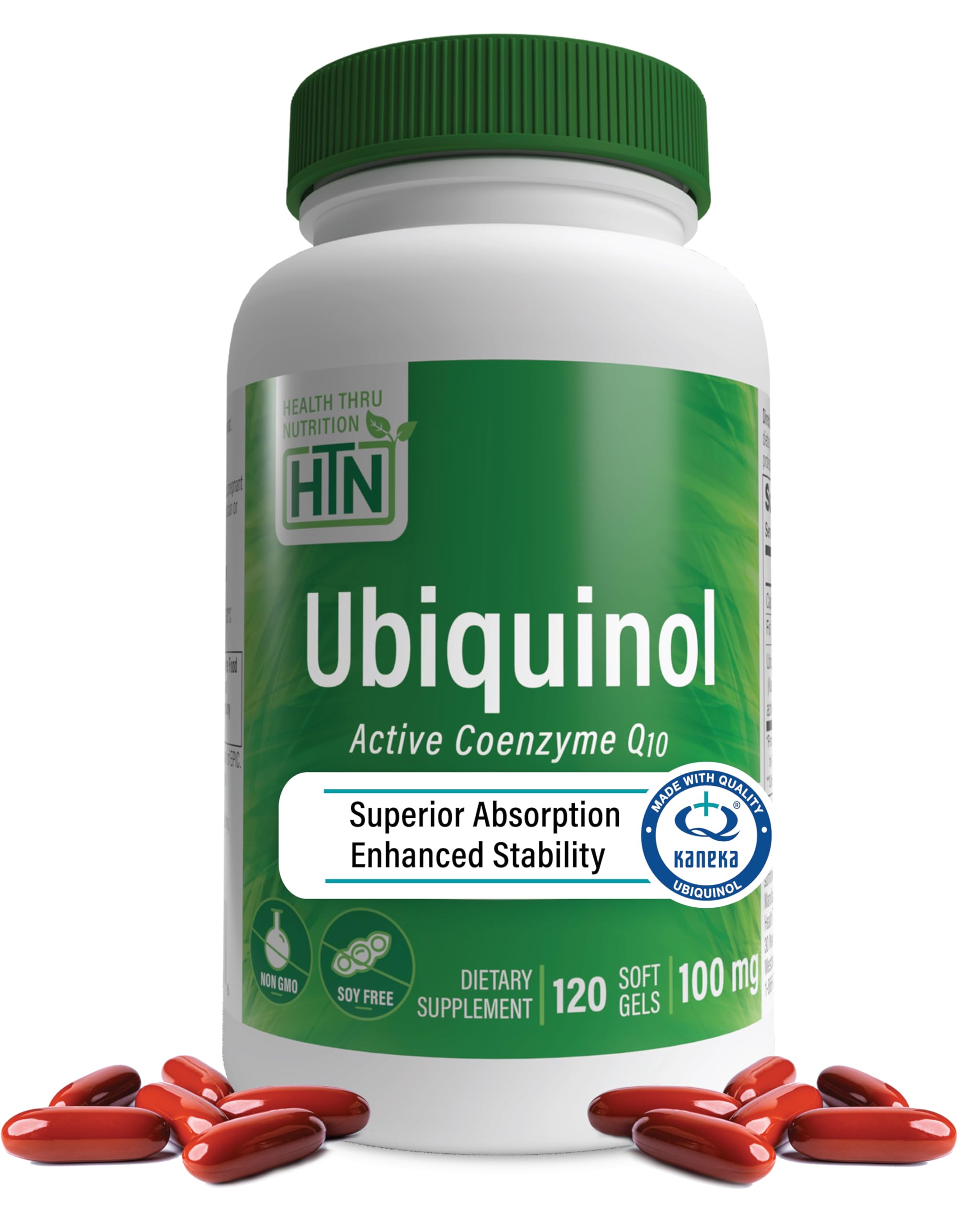 Health Thru Nutrition Ubiquinol 100mg 120 Softgels as Kaneka QH Reduced CoQ-10 | Stabilized - 3rd Party Tested | Enhanced Bioavailability | Cardiovascular & Mitochondria Function Support | Non-GMO