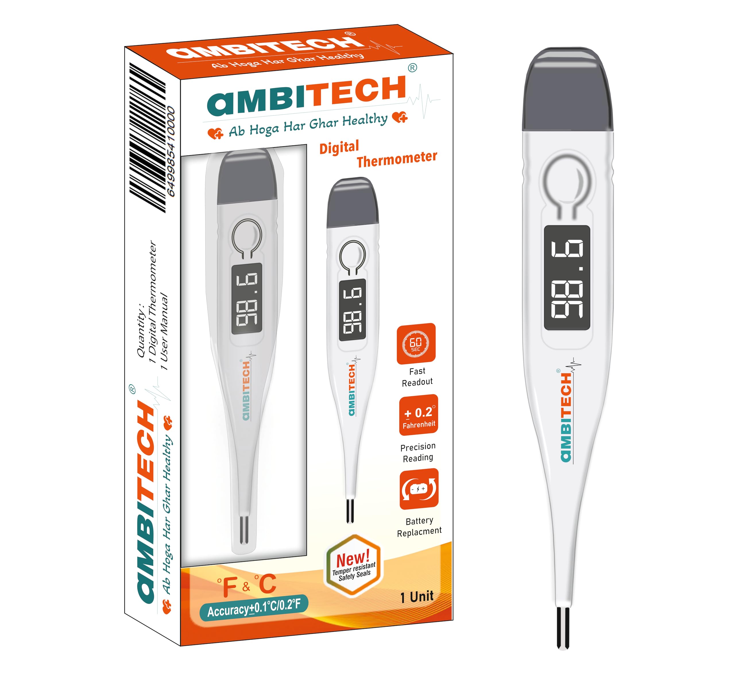 AmbiTech PHX-01 Digital Thermometer with One Touch Operation For Child and Adult Oral or Underarm Use |Made in India|1 Year Warranty