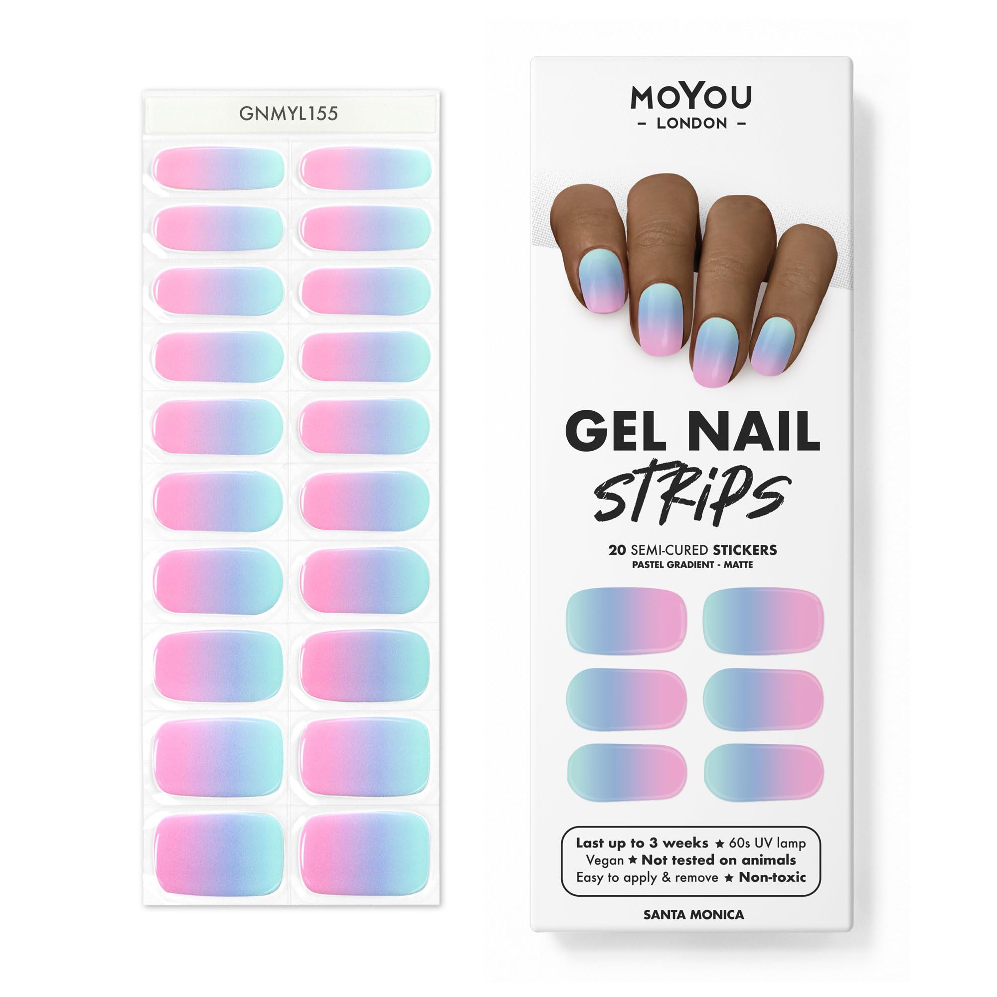 Moyou LondonSemi Cured Gel Nail Wraps, 20 Pcs Gel Nail Polish Strips for Salon-Quality Manicure Set with Nail File & Wooden Cuticle Stick (UV/LED Lamp Required) - Santa Monica