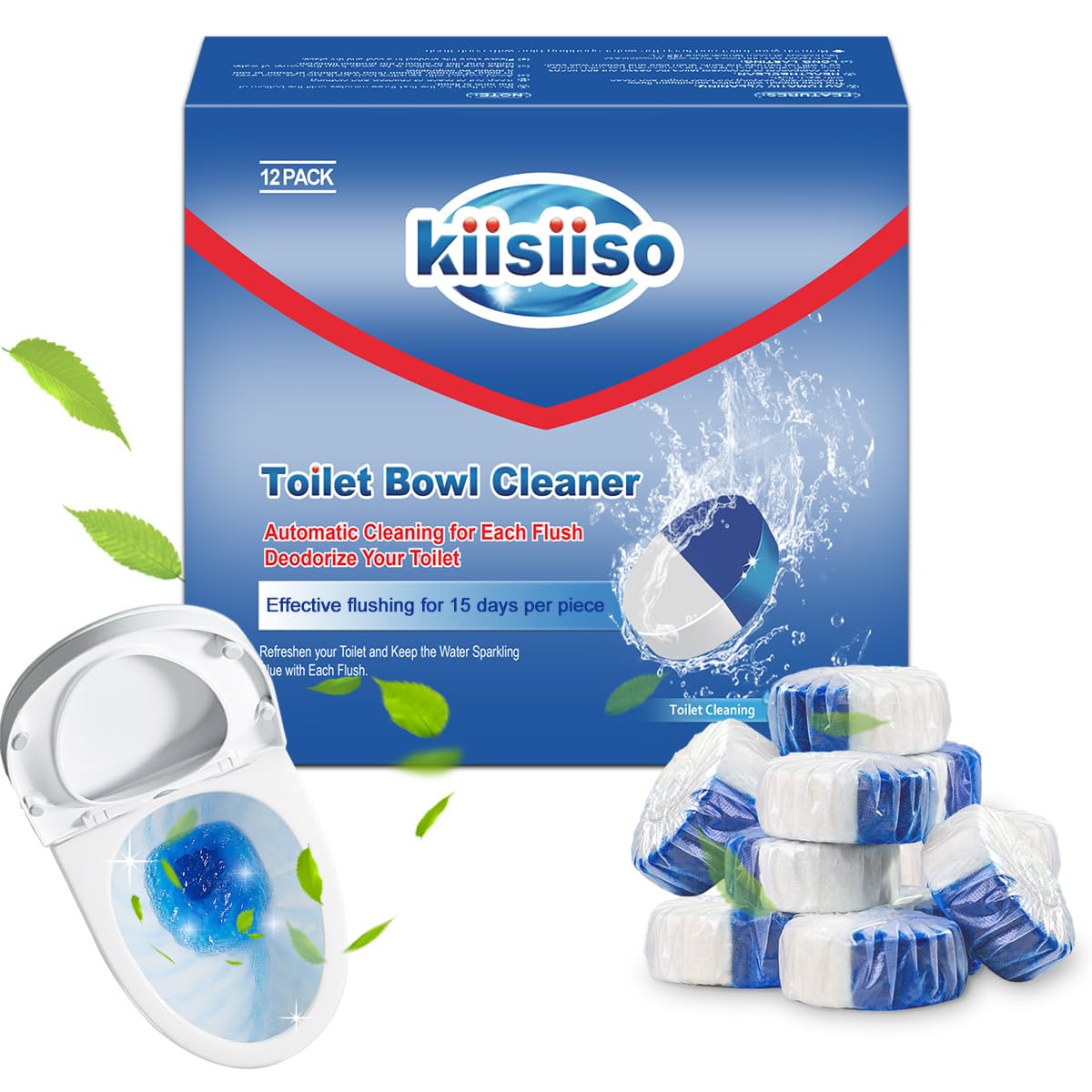 KIISIISOToilet Bowl Cleaner Tablets, 12 PACK Commercial Household Bathroom Cleaners, Automatic Toilet Tank Cleaners Deodorizers(Blue and White)