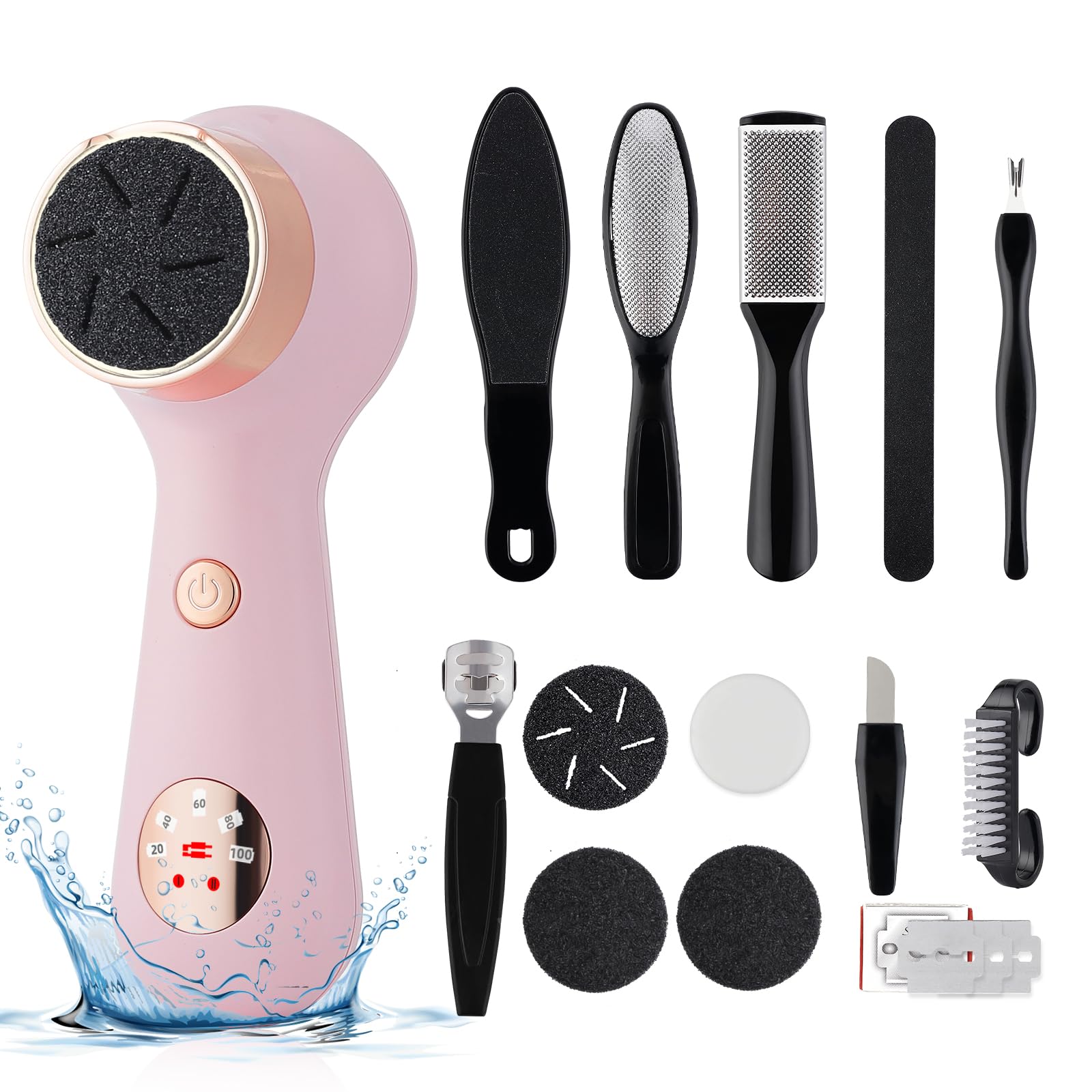 Electric Callus Remover for Feet, Rechargeable Pedicure Tools Foot File Grinder, Waterproof, 2 Adjustable Speed, 3 Sanding Heads, LCD Display, Pink