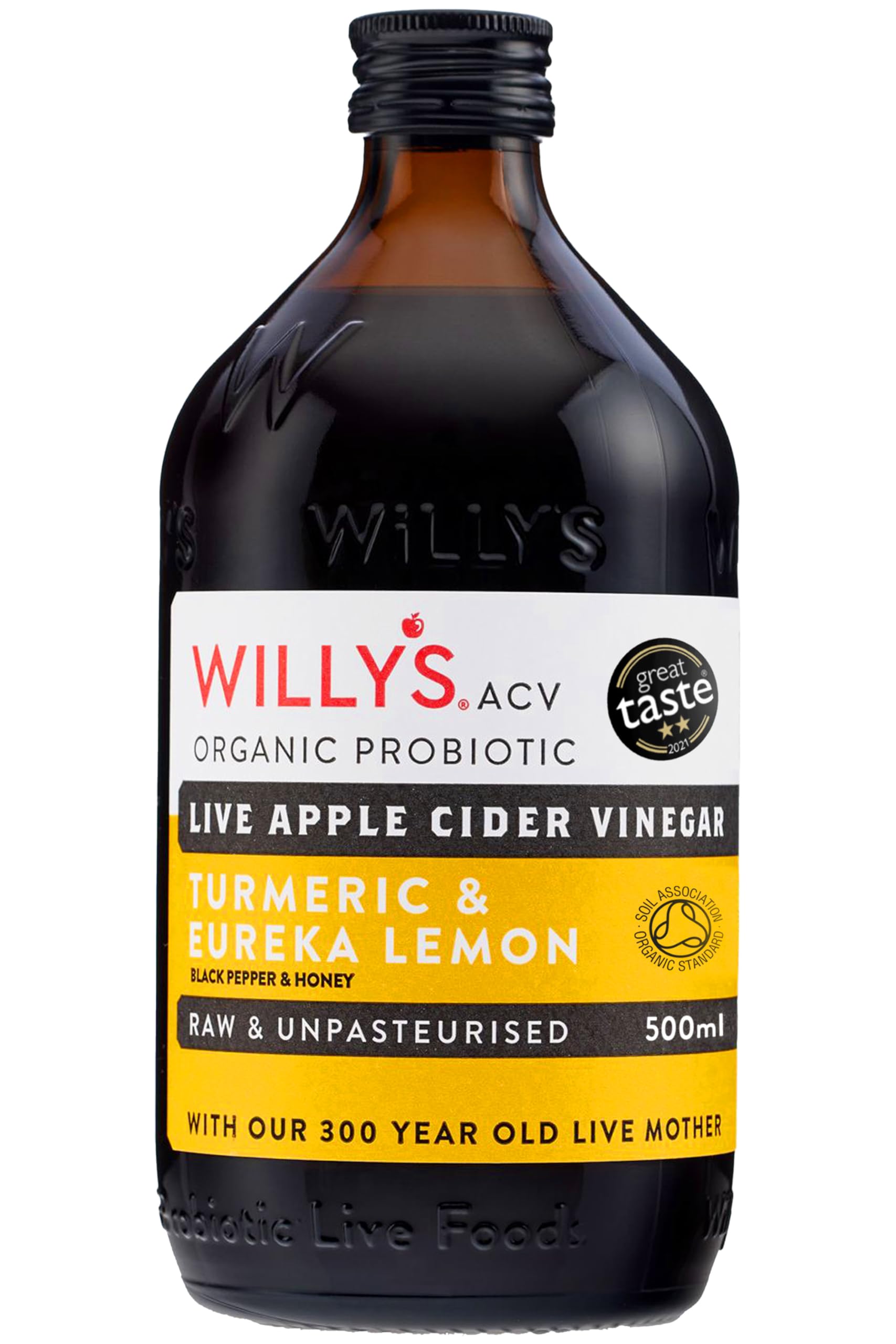 WILLY'SACV Organic Probiotic Apple Cider Vinegar with Mother for Gut Health - with Turmeric & Eureka Lemon 16.9 fl oz