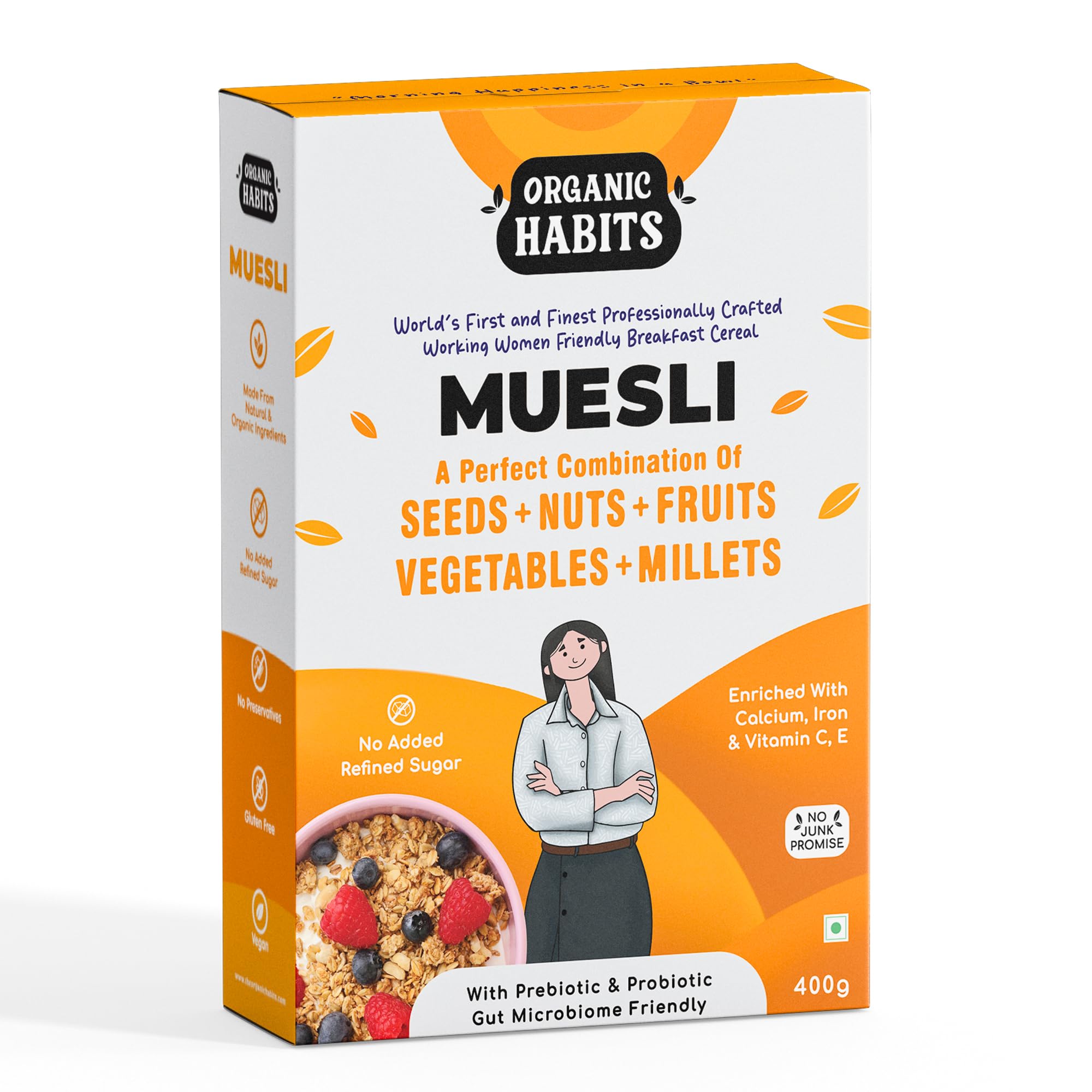 ORGANIC HABITS Muesli, Working Women Friendly Breakfast Cereal With Probiotics & Prebiotics | Snacks Items| Pcod & Pcos Friendly (400 G)