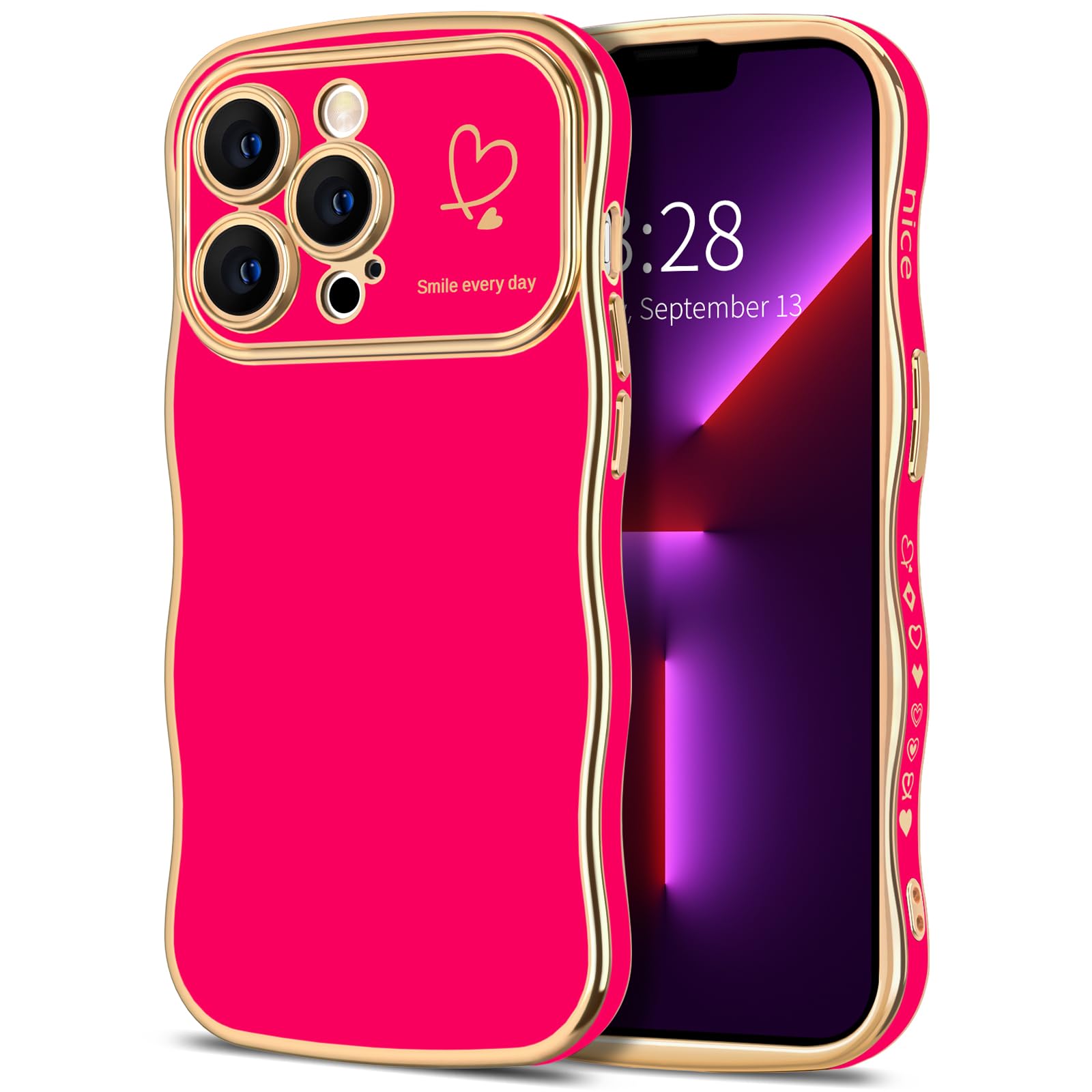 Hython for iPhone 13 Pro Max Case Cute Curly Wave Frame Shape Phone Cases, Thin Slim Luxury Plating Wavy Edge Soft TPU Bumper Shockproof Rubber Protective Cover for Women Girls, Love Heart-Hot Pink