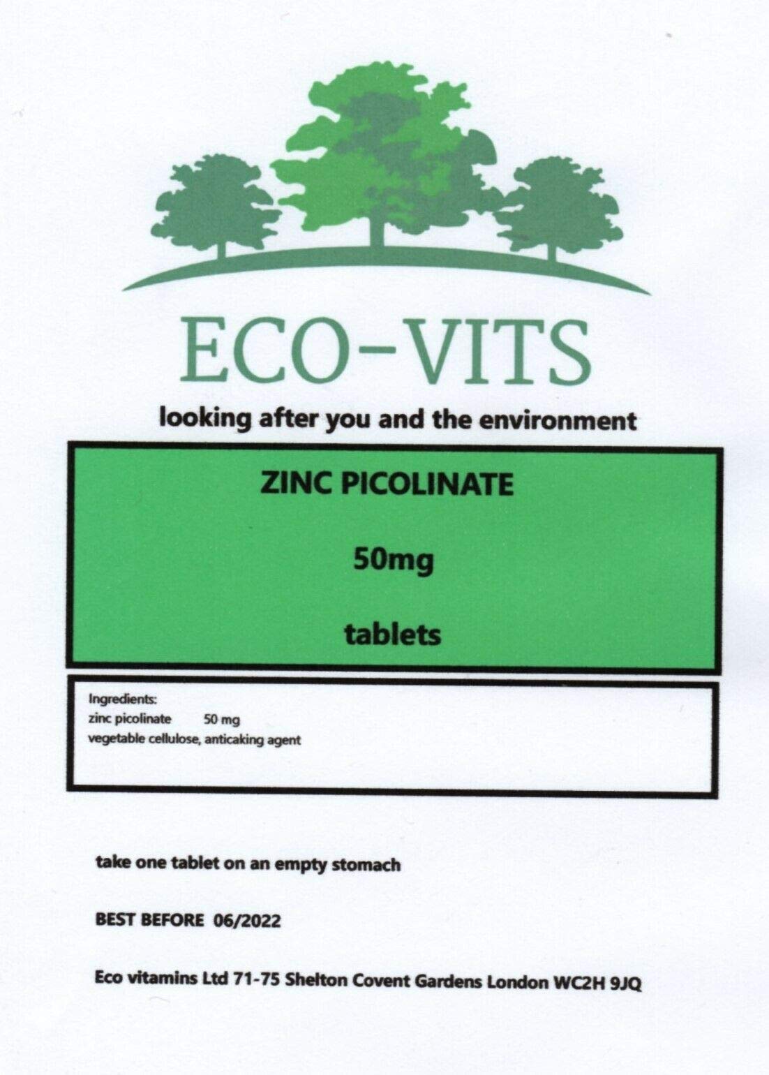 ECO-VITSZINC PICOLINATE (50MG) 365 TABS. Recyclable Packaging. Sealed Pouch