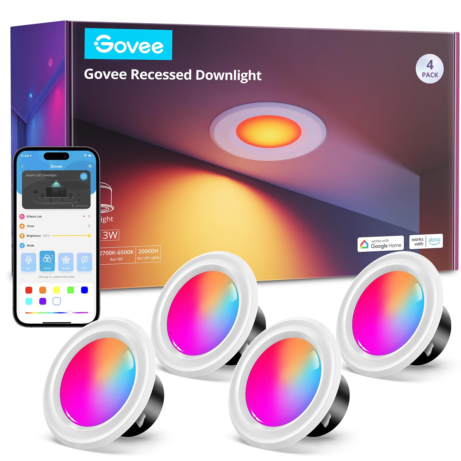 Govee Smart Retrofit Recessed Lighting 4 Inch, Wi-Fi Bluetooth Direct Connect RGBWW Retrofit Can Lights, 65 Scene Modes, Works with Alexa & Google Assistant, 800 Lumens, 4 Pack