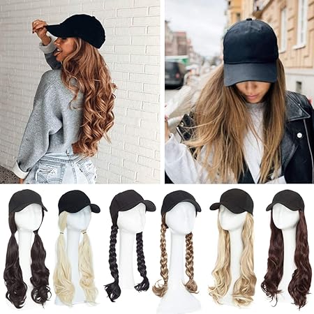 SEGO Baseball Cap with Hair Extensions for Women Adjustable Hat with Hair Attached Synthetic Long Wavy Wig with Black Hat Stylable for Pigtail Ponytail 16 Inch -Black 290g