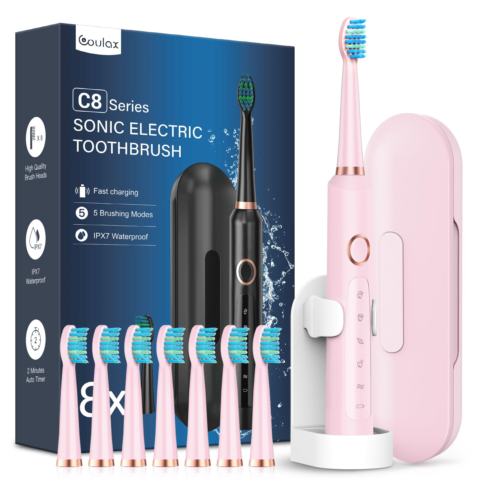 Sonic Electric Toothbrush for Adults and Kids - Electric Toothbrushes with 8 Tooth Brush Replacement Head and 5 Brushing Modes, 120 Days of Use with 3-Hour Fast Charge, 2 Minute Smart Timer