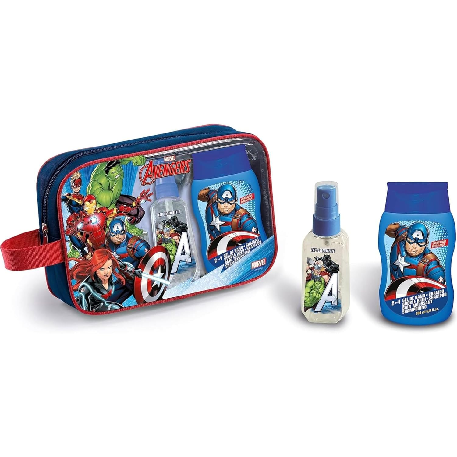 Marvel Avengers Toiletry Bag with 2-in-1 Bubble Bath & Shampoo (200ml) and Eau de Toilette (90ml) Natural Perfume Spray for Kids