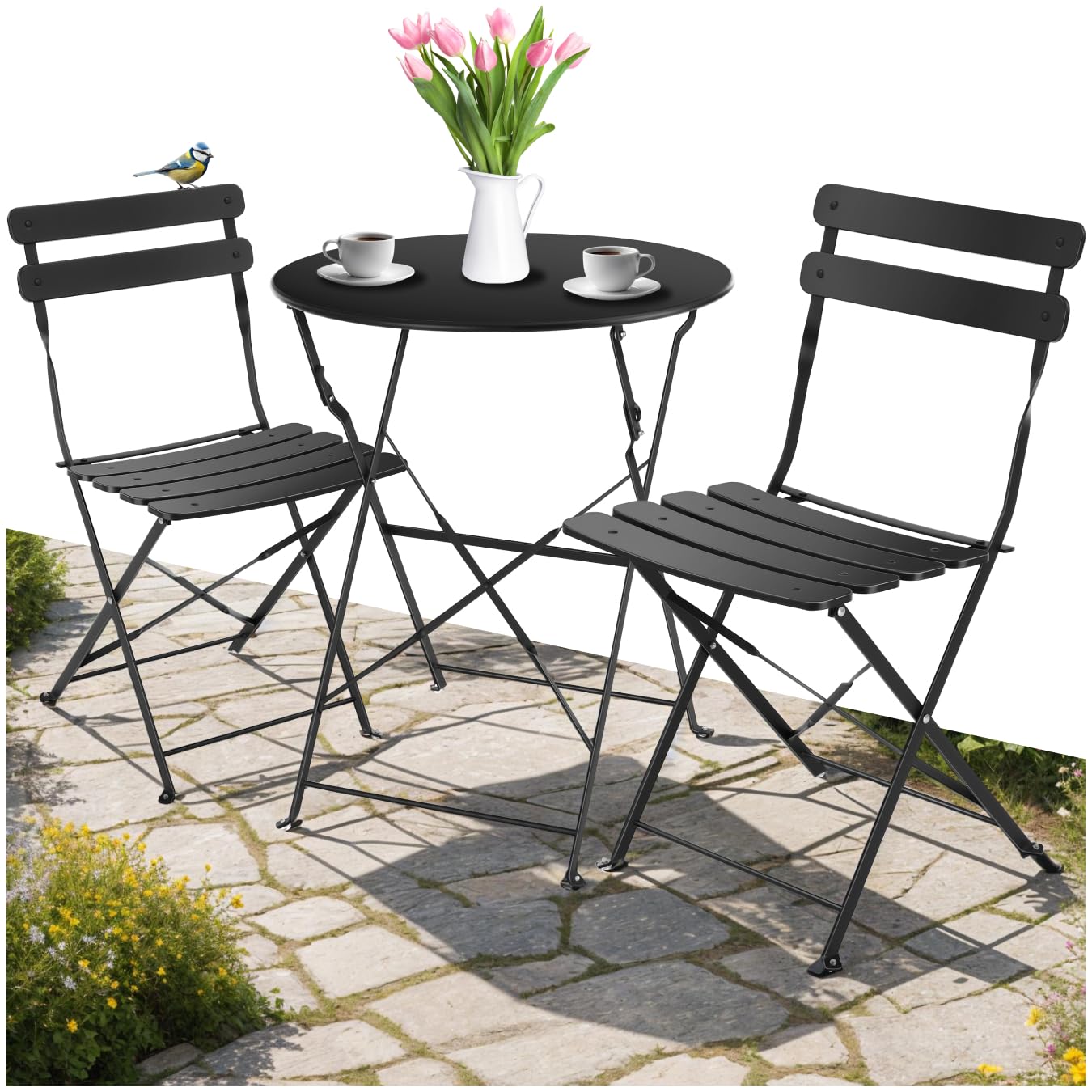 TecTake® Bistro Set with 1 Garden Table & 2 Chairs, Foldable Design with Stylish Slats, Steel Frame, Floor-Protective & Non-Slip Feet, No Assembly - Garden Furniture for Patio & Balcony - Black