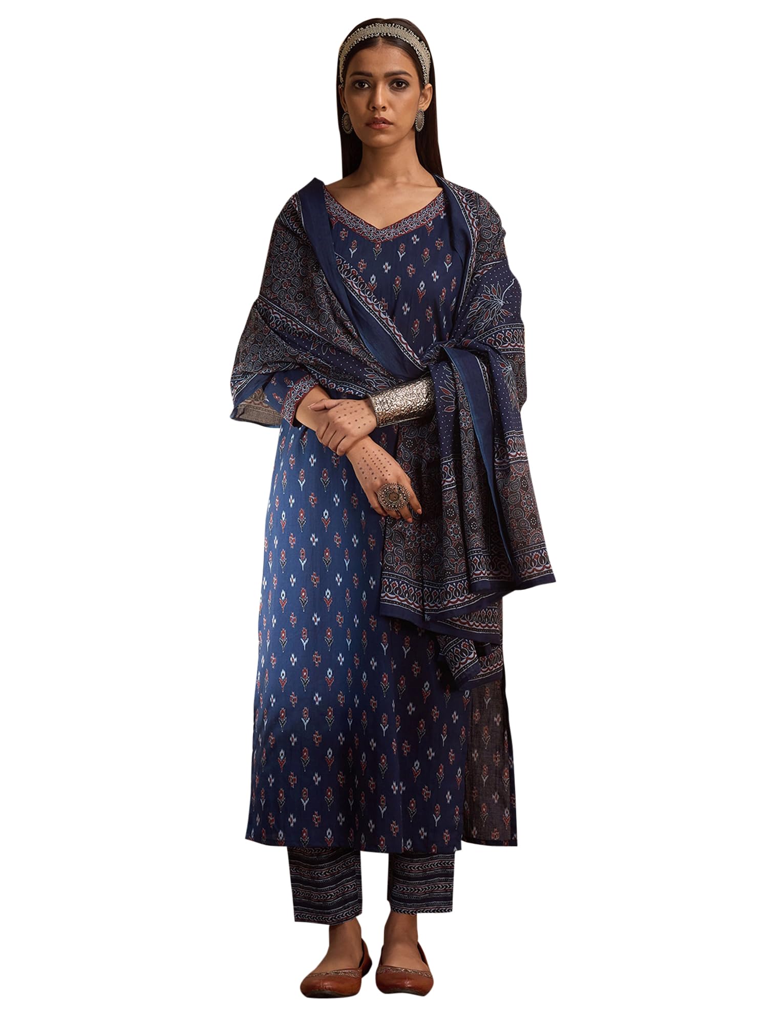 INDO ERA Women's Pure Cotton Printed Straight Kurta & Pant With Dupatta Set