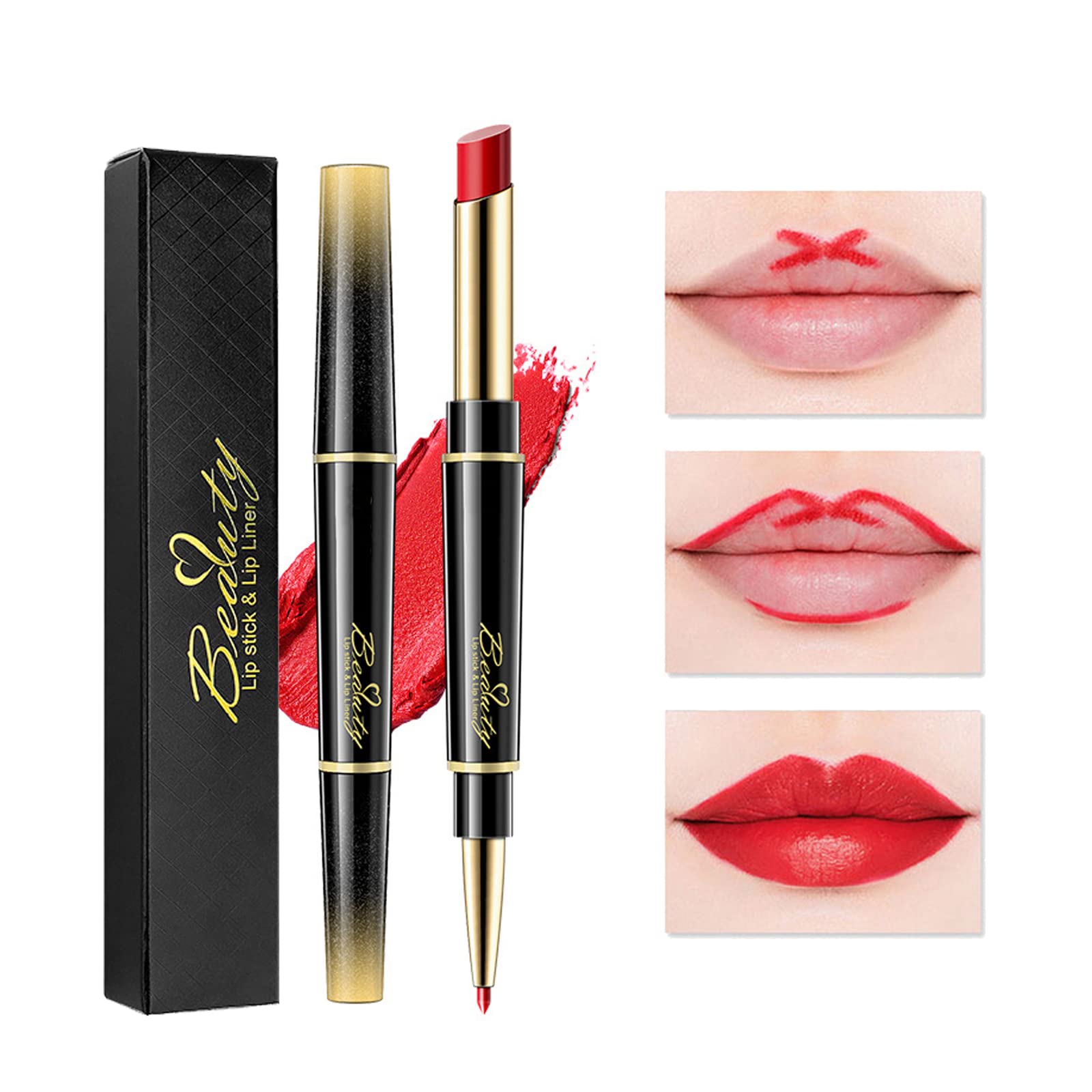 Lip Liner And Lipstick Set,2-in-1 Double Head Matte Cream Lipstick & Lip Liner,Waterproof Sweatproof No Smudge Long-Lasting Moisturizing Smooth Highly Pigmented Makeup Set(Red)