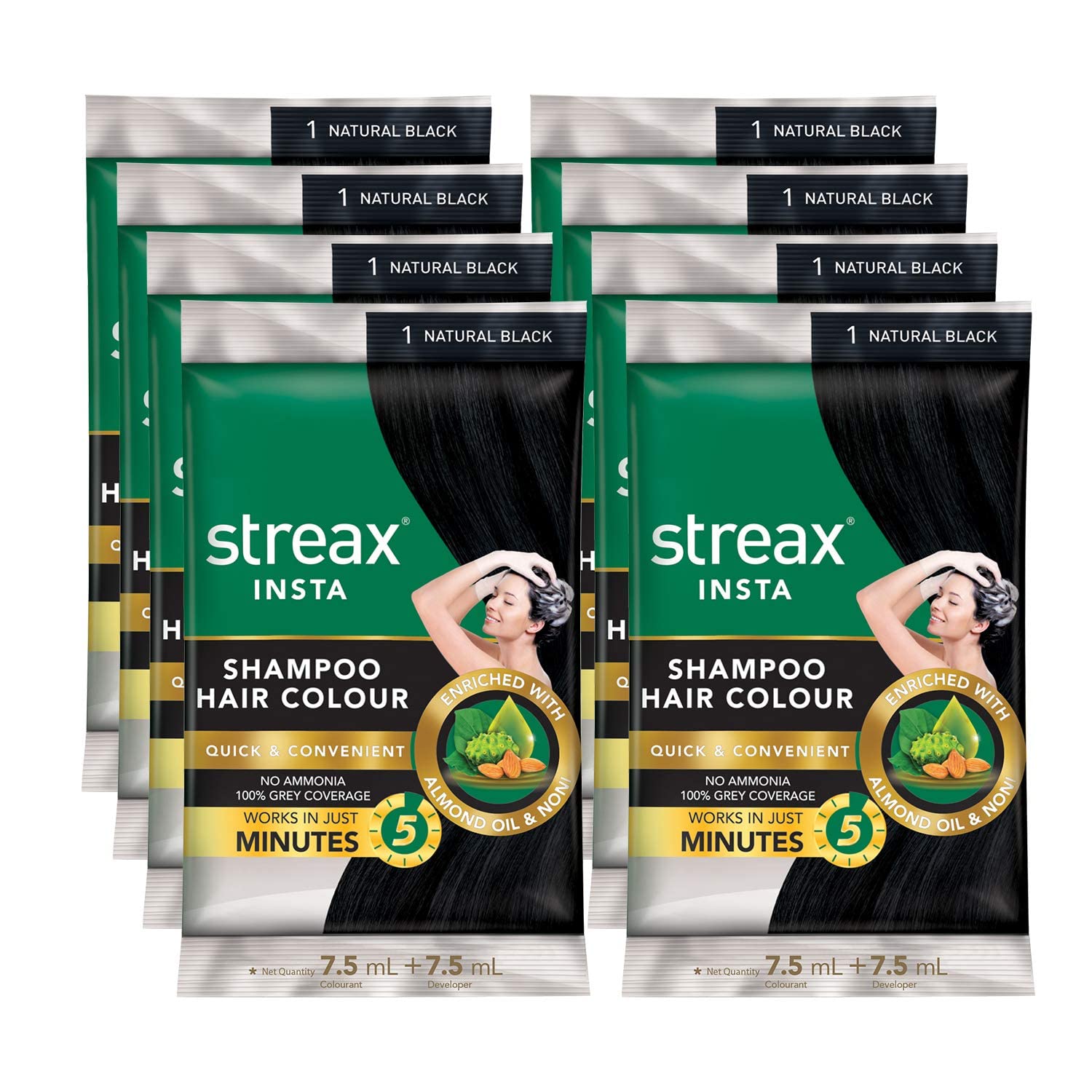 Str'eax Insta Shampoo Hair Colour for Men & Women, Natural Black, 18ml (Pack of 8) | Enriched with Almond Oil & Noni Extracts | Long-Lasting Instant Colour