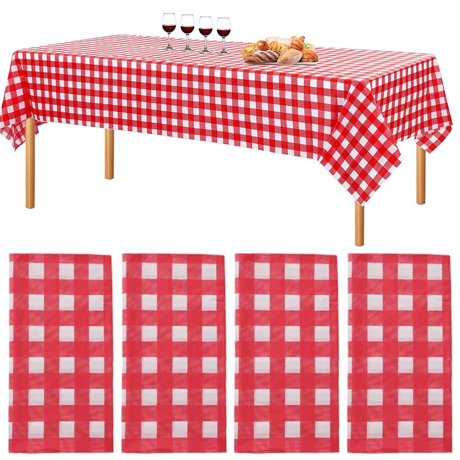 Tepengdie 4 Packs Rectangle Table Cover Table Cloth for 6 to 8 Ft Tables for Parties Birthdays Weddings BBQ Picnics Decoration, Waterproof Oilcloth with Red and White Checkered