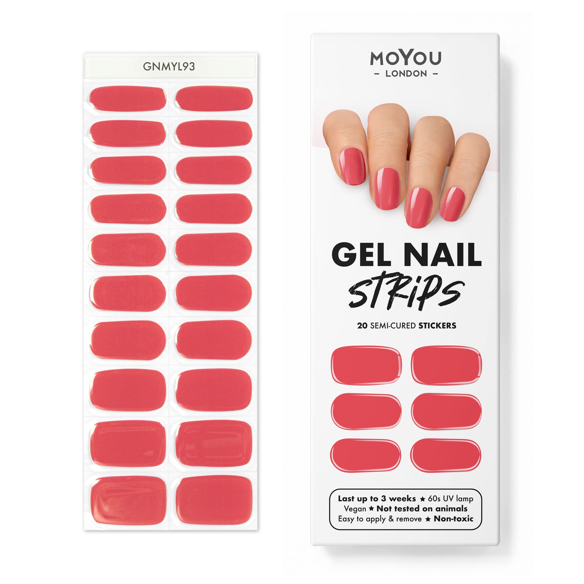 MOYOU LONDON Semi-Cured Gel Nail Strips, 20 Pc. Gel Wraps for Nails, Get 1 Free UV Lamp when you Get 2 or More, Easy Apply & Remove for Salon-Quality Manicure -Pink Fruid